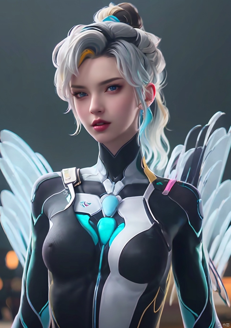 1girl, solo, breasts, blue eyes, medium breasts, upper body, ponytail, white hair, parted lips, wings, lips, bodysuit, skin tight, realistic, nose, black bodysuit, mechanical wings, mercy \(overwatch\)