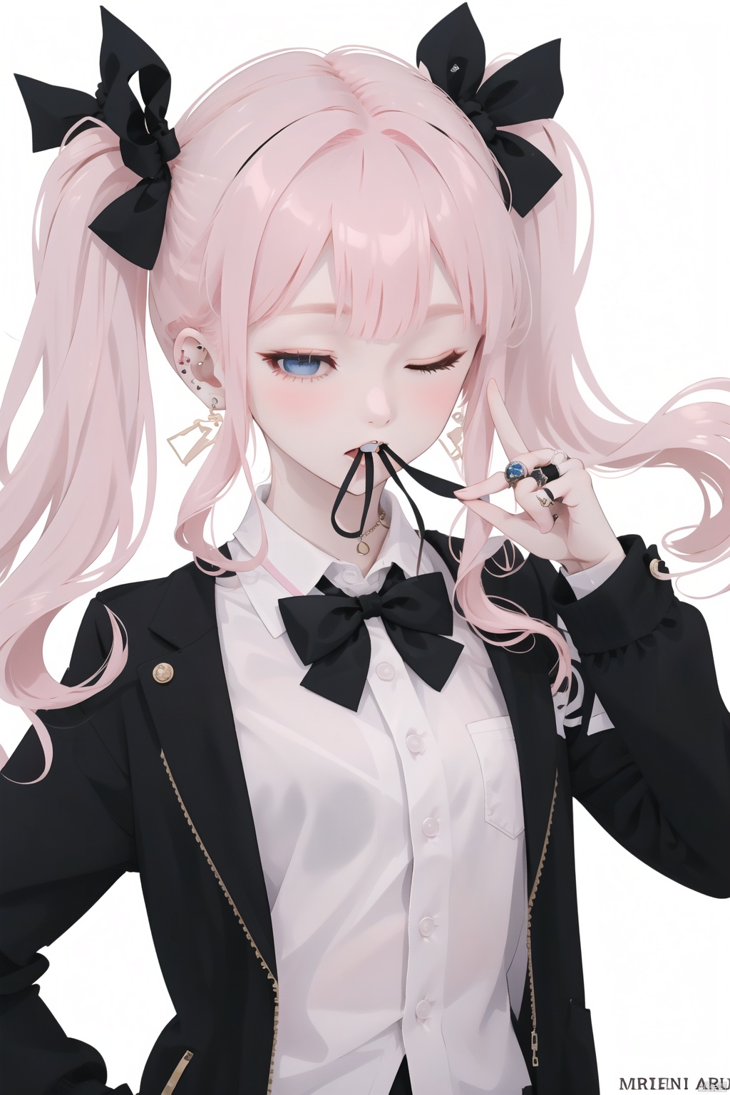  1girl, solo, long hair, looking at viewer, bangs, blue eyes, blonde hair, simple background, shirt, long sleeves, white background, bow, ribbon, twintails, jewelry, jacket, white shirt, upper body, pink hair, hair bow, earrings, one eye closed, collared shirt, artist name, bowtie, necklace, open jacket, black jacket, v, black bow, mouth hold, piercing, ring, black bowtie, 1girl,solo