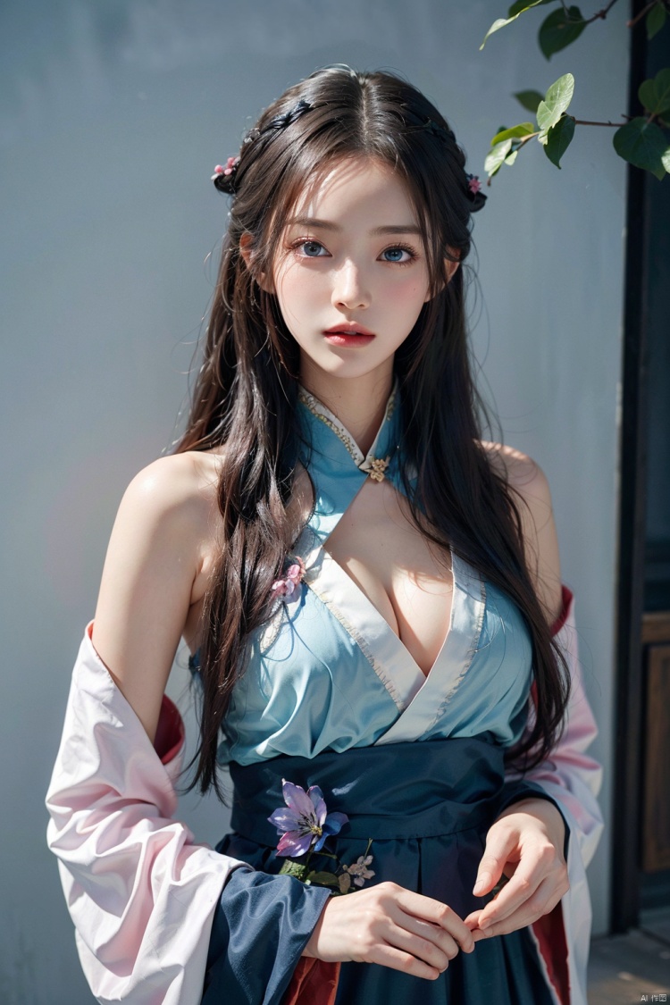 1girl, (colorful hanfu:1.3), bare_shoulders, wide_sleeves, cleavage, , light_particles, Blue eyes,pink_butterfly, flowers, blue flowers,Upper body, star_\(sky\),
