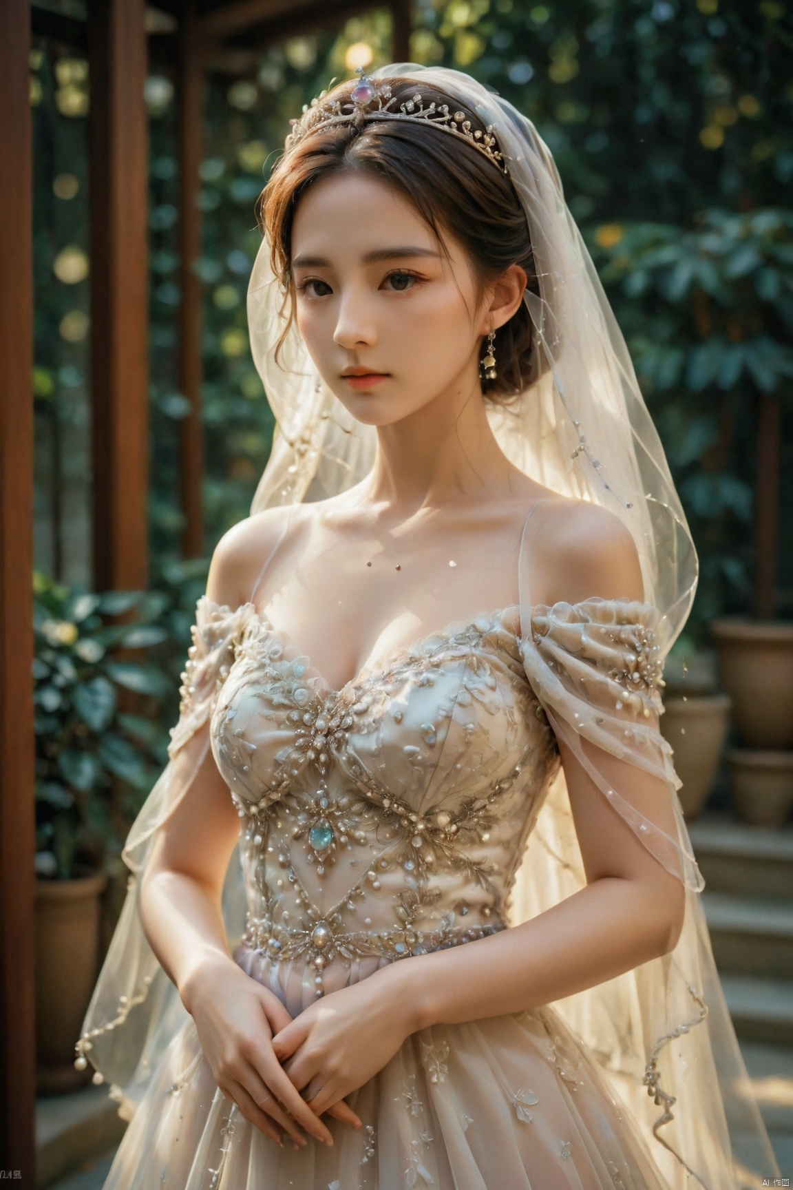  1girl,solo,medium breasts,outdoors,,standing,(full body:1.3),, ruanyi0261,off-shoulder dress,pearl \(gemstone\),tiara,veil,wedding dress,, detailed eyes, (detailed face), (portrait), (head tilt up), 
(((Call of Beauty, marvellous art, 
wonderful colours))) ,((natural lighting)), ((splendid scene)) ,(((realistic))) , (masterpiece, best quality), intricate details, realistic, photorealistic, flawless structure, masterpiece,, natural skin,detailed skin pores (long hair), oiled skin, subsurface scattering, shot with cinematic camera, soft lighting, high quality, best quality, masterpiece, best picture, lovely, stunning