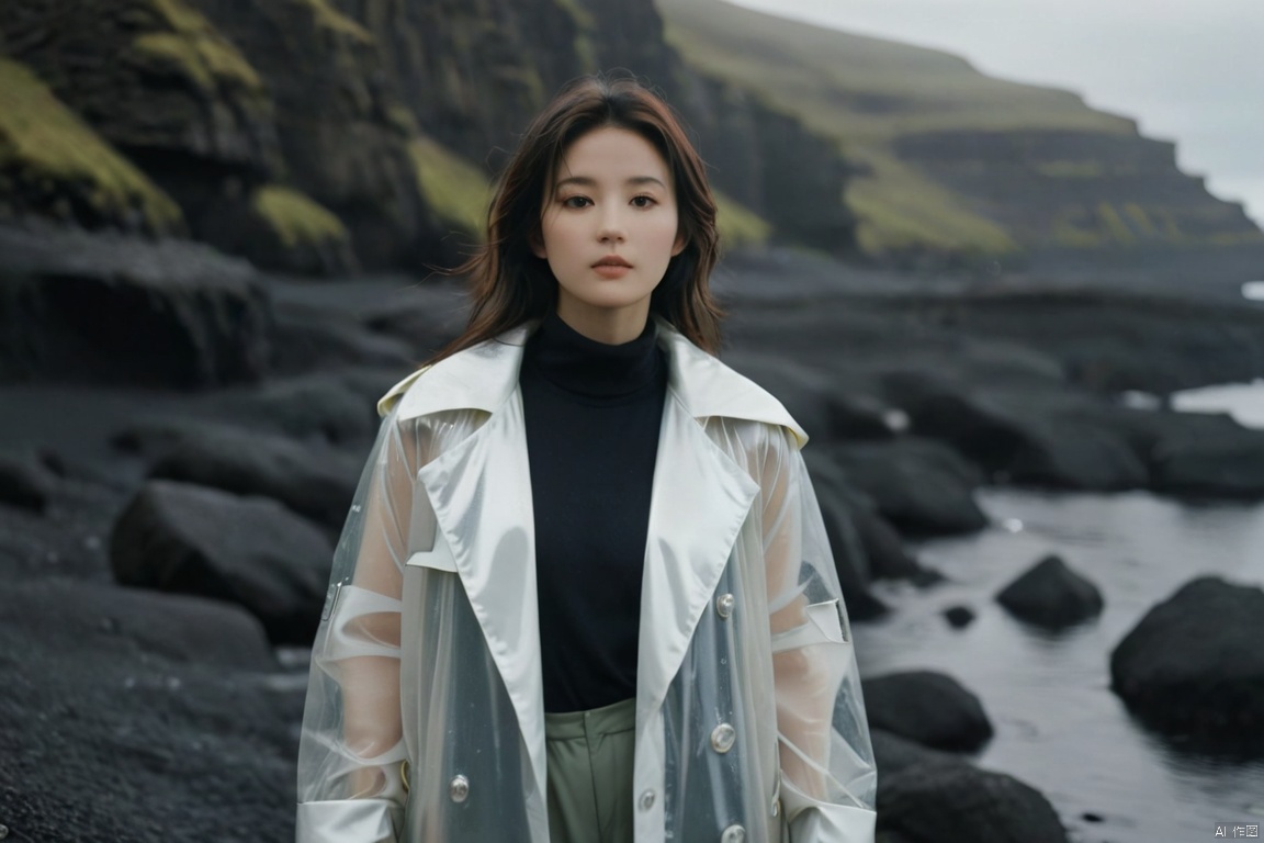  analog film photo chinese girl, cinematic film still, ((Establishing_Shot)), ((looking away)), expression of enjoyment, an ultra high definition professional high fashion portrait full length photograph, a model wearing a transparent pearlescent raincoat in an icelandic black rock environment at dawn, no artefacts, extremely detailed, stark, refraction, shallow depth of field, volumetric light and shadow, ray tracing, light rays, shallow depth of field, vignette, highly detailed, high budget, bokeh, cinemascope, moody, epic, gorgeous, film grain, grainy . faded film, desaturated, 35mm photo, grainy, vignette, vintage, Kodachrome, Lomography, stained, highly detailed, found footage
, monkren, Fairy, realistic,sunlight