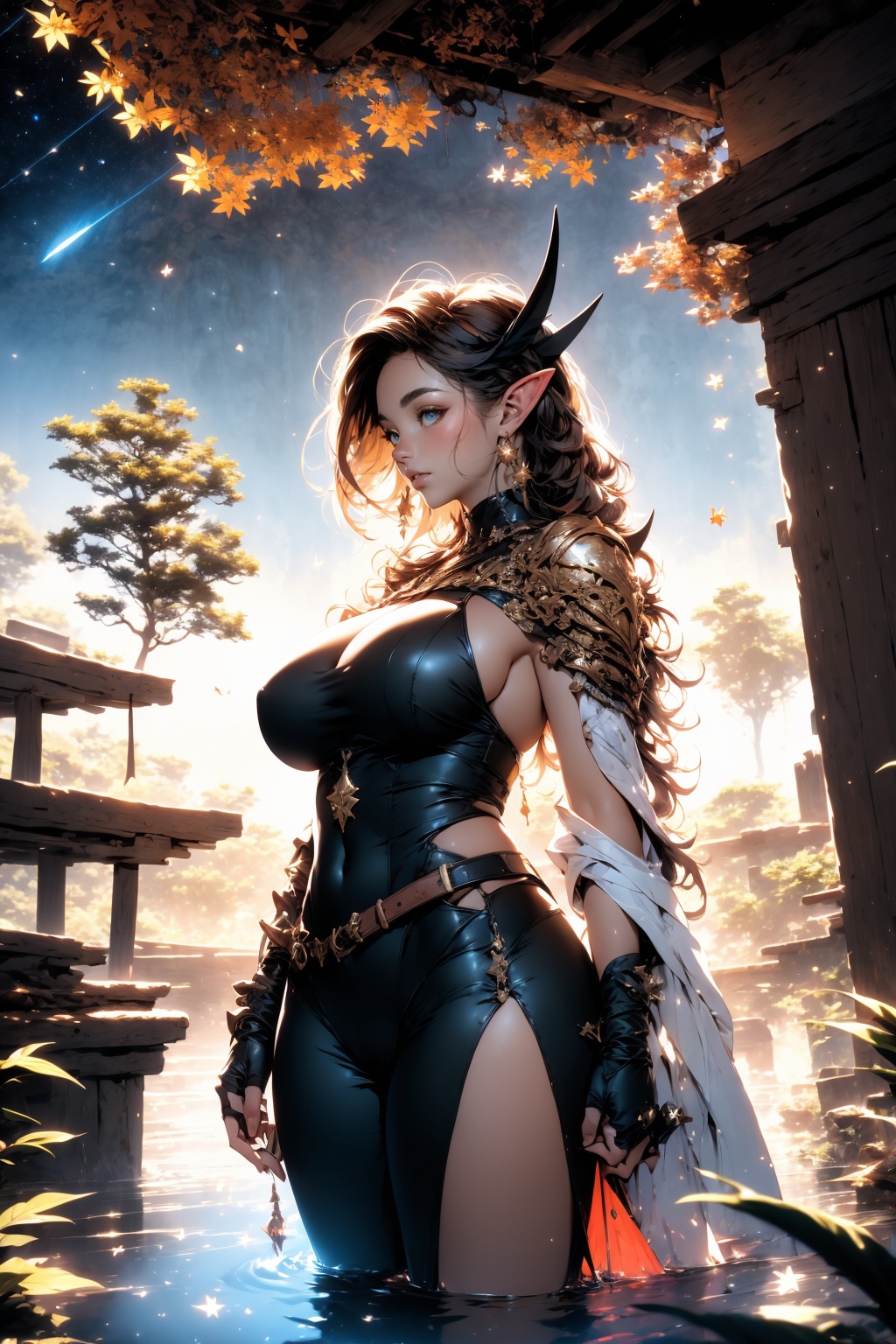 huge breasts,blue flower, 1girl, looking at viewer, sky, cloud, star sky, big tree, BREAK (summer hat, elf ears, fantasy style:1.2),masterpiece,ultra realistic,32k,extremely detailed CG unity 8k wallpaper, best quality, soft lighting ,stunning environment
