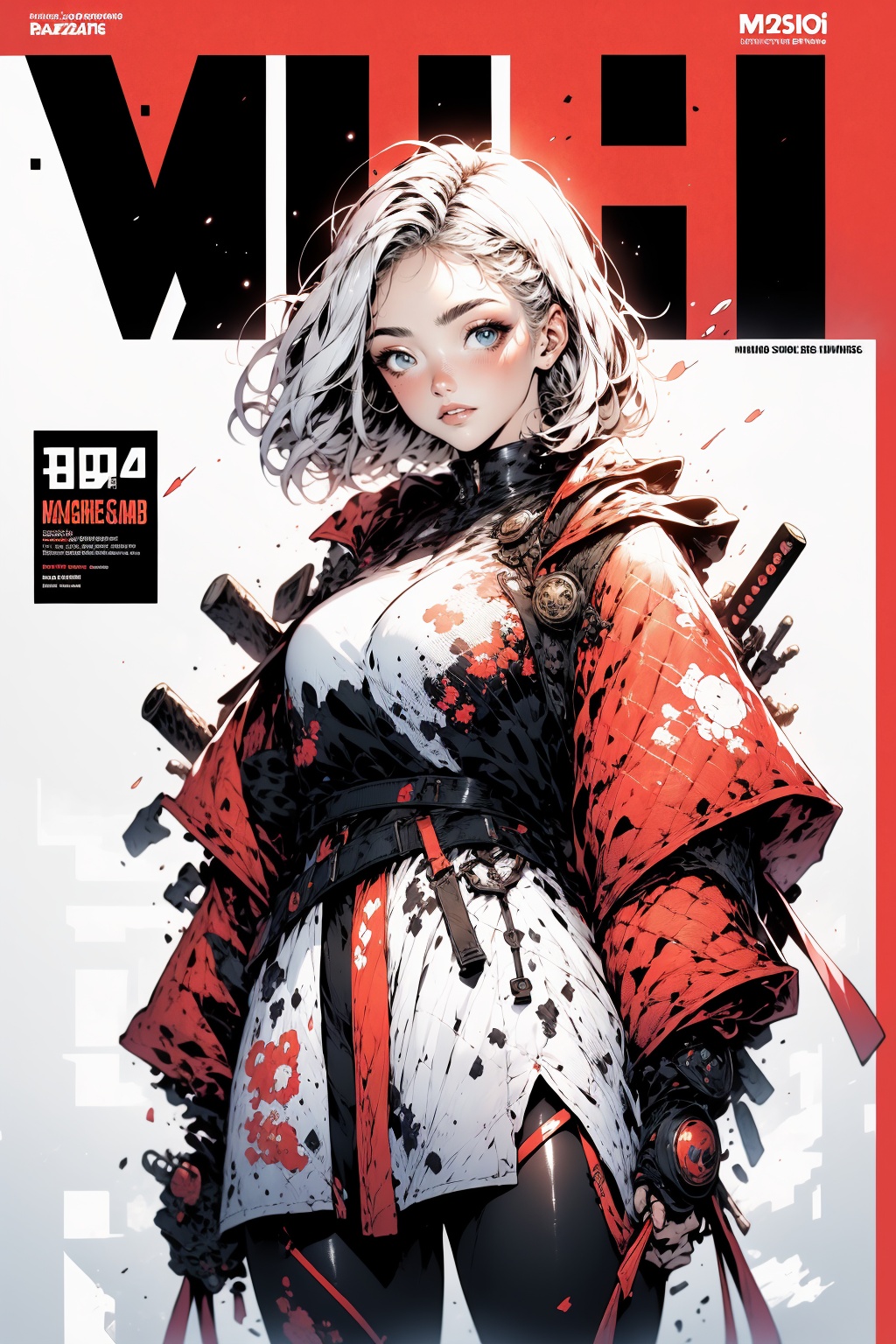 magazine cover, 1girl, wavy short hair, white hair