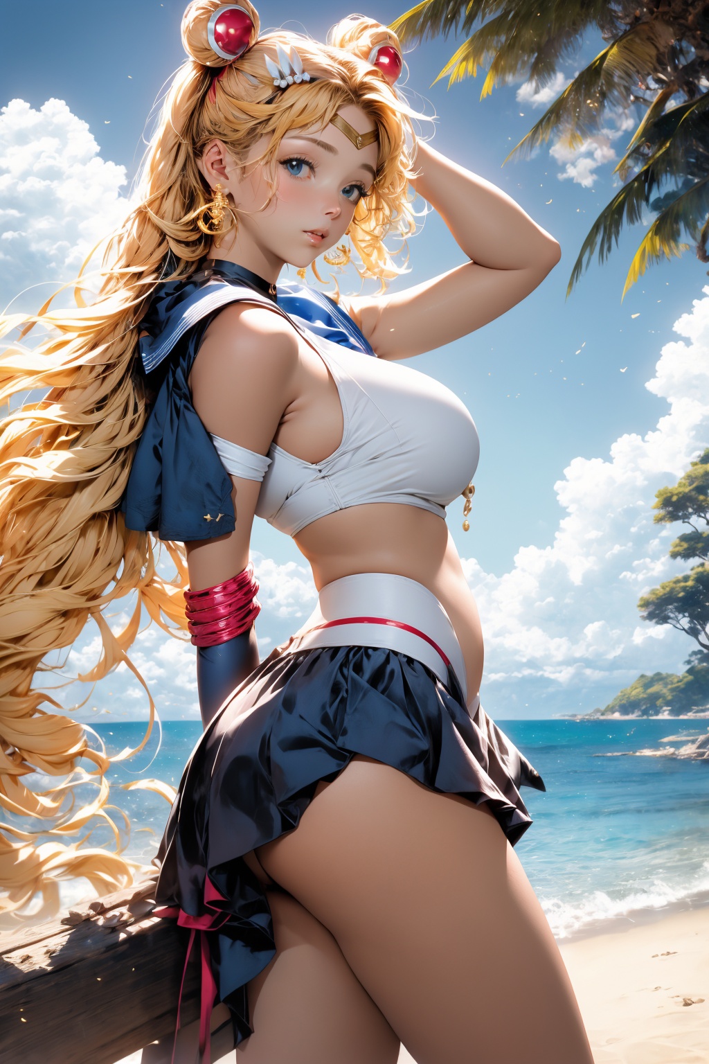 AIDA_LoRA_piop,(big breasts:1.4),arms up,aausagi, yellow hair,double bun, twintails, parted bangs, circlet, jewelry, earrings, choker, red bow, white gloves, elbow gloves, blue skirt, hair ornament, outdoors, in beach
