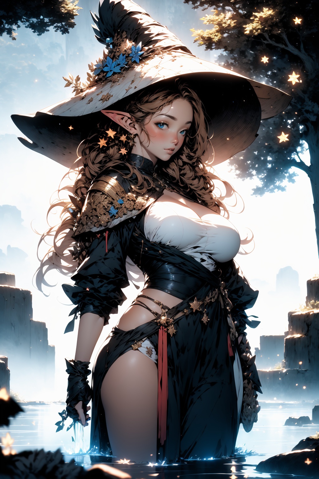 huge breasts,blue flower, 1girl, looking at viewer, sky, cloud, star sky, big tree, BREAK (summer hat, elf ears, fantasy style:1.2),masterpiece,ultra realistic,32k,extremely detailed CG unity 8k wallpaper, best quality, soft lighting ,stunning environment