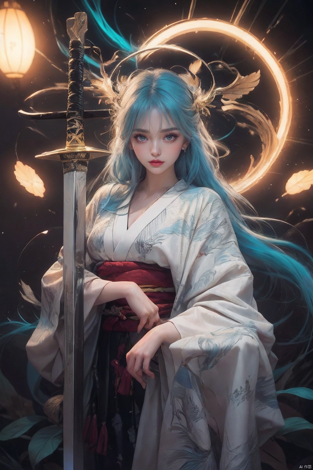  ((minimalist style)), High detailed, masterpiece, ((Front wheel empty light)), 1 girl, solo, (Female Focus), aqua eyes, multicolored eyes, ((Eye highlight)), ((Red glossy lip gloss)), Earrings, bangs, long hair, Hair ornaments, kimono, Printing, Medium chest, ((5 fingers)), ((1 handful Katana/hilt/Blade/)), ((Motion delay light、light painting)), ((Motion delay light| White light painting)), fine gloss, (Desert background), Film and television style, reflection light, motion blur, Depth of field, sparkle, Surrealism, Conceptual art, glowing light, anaglyph, UHD, 8K, best quality, textured skin, 1080P, ccurate, retina, [(white background:1.5)::5]