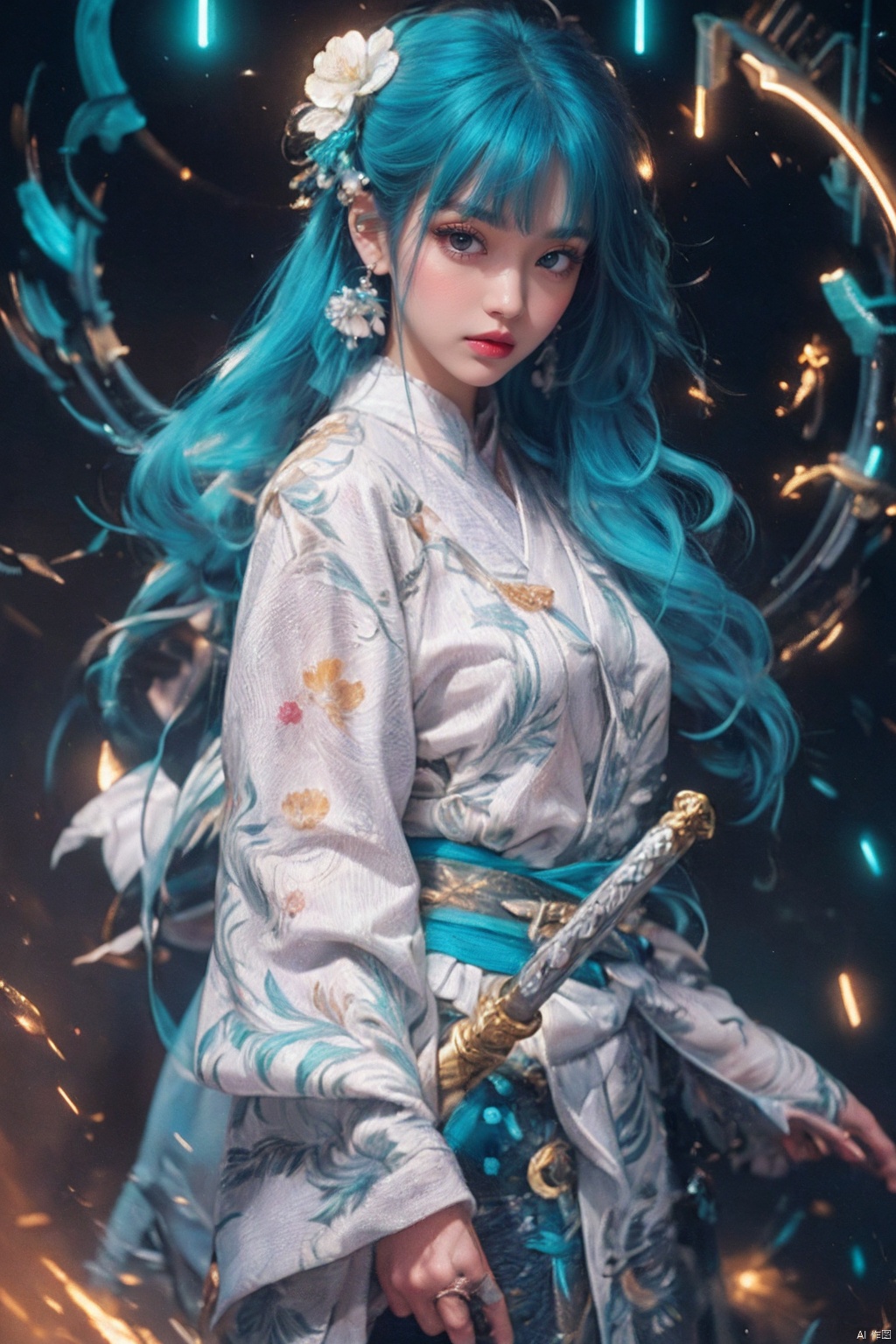  ((minimalist style)), High detailed, masterpiece, ((Front wheel empty light)), 1 girl, solo, (Female Focus), aqua eyes, multicolored eyes, ((Eye highlight)), ((Red glossy lip gloss)), Earrings, bangs, long hair, Hair ornaments, kimono, Printing, Medium chest, ((5 fingers)), ((1 handful Katana/hilt/Blade/)), ((Motion delay light、light painting)), ((Motion delay light| White light painting)), fine gloss, (Desert background), Film and television style, reflection light, motion blur, Depth of field, sparkle, Surrealism, Conceptual art, glowing light, anaglyph, UHD, 8K, best quality, textured skin, 1080P, ccurate, retina, [(white background:1.5)::5]
