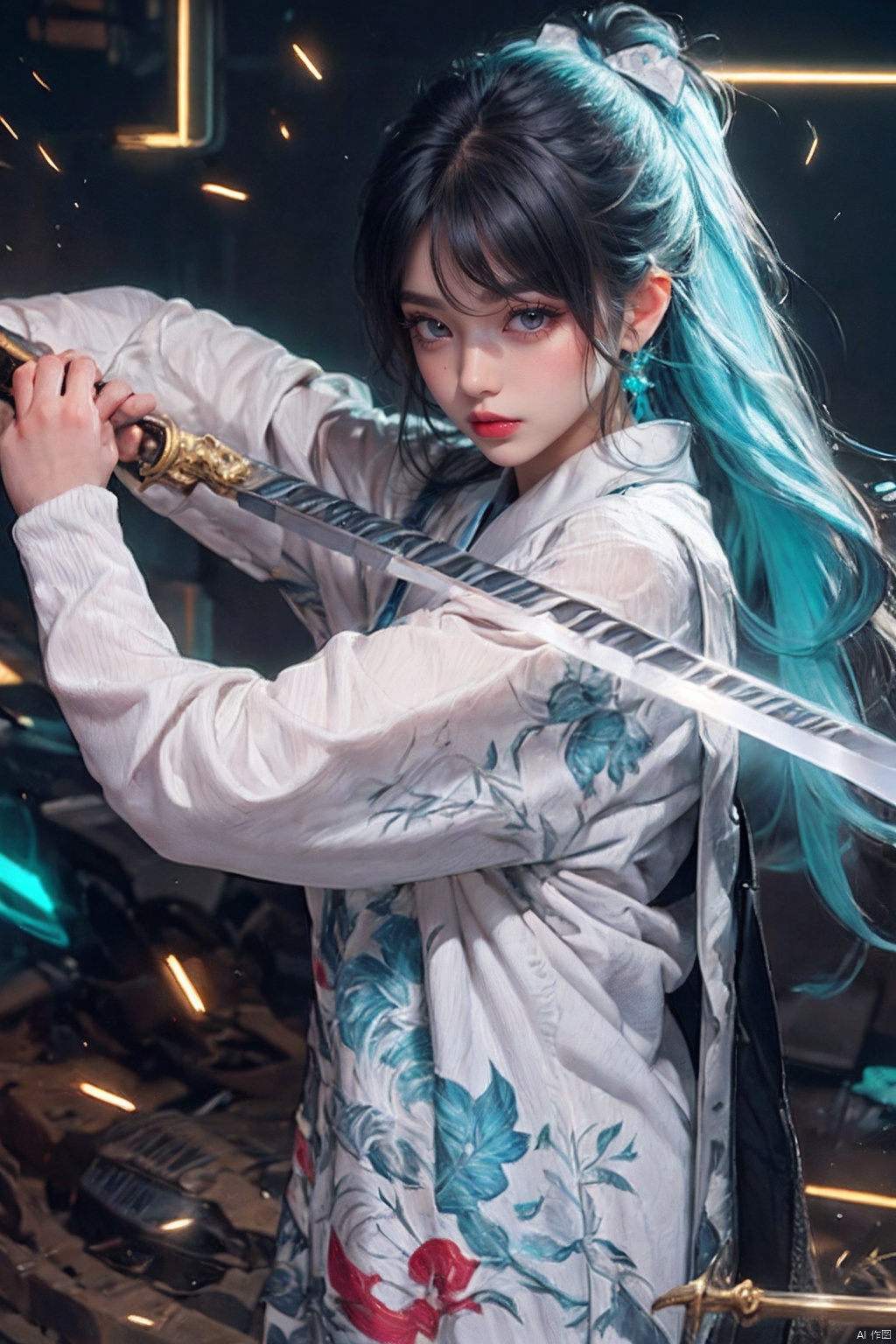  ((minimalist style)), High detailed, masterpiece, ((Front wheel empty light)), 1 girl, solo, (Female Focus), aqua eyes, multicolored eyes, ((Eye highlight)), ((Red glossy lip gloss)), Earrings, bangs, long hair, Hair ornaments, kimono, Printing, Medium chest, ((5 fingers)), ((1 handful Katana/hilt/Blade/)), ((Motion delay light、light painting)), ((Motion delay light| White light painting)), fine gloss, (Desert background), Film and television style, reflection light, motion blur, Depth of field, sparkle, Surrealism, Conceptual art, glowing light, anaglyph, UHD, 8K, best quality, textured skin, 1080P, ccurate, retina, [(white background:1.5)::5]