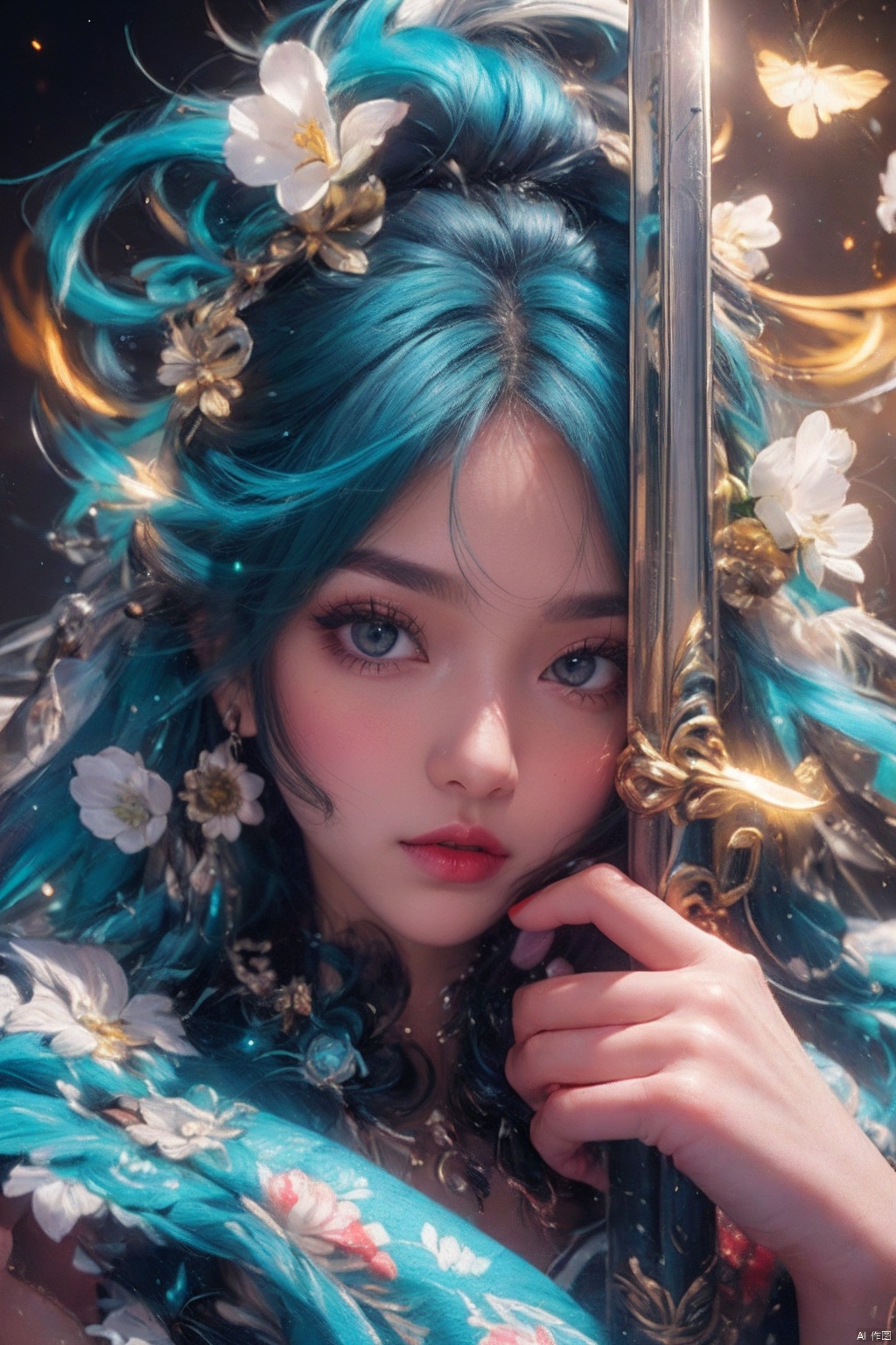  ((minimalist style)), High detailed, masterpiece, ((Front wheel empty light)), 1 girl, solo, (Female Focus), aqua eyes, multicolored eyes, ((Eye highlight)), ((Red glossy lip gloss)), Earrings, bangs, long hair, Hair ornaments, kimono, Printing, Medium chest, ((5 fingers)), ((1 handful Katana/hilt/Blade/)), ((Motion delay light、light painting)), ((Motion delay light| White light painting)), fine gloss, (Desert background), Film and television style, reflection light, motion blur, Depth of field, sparkle, Surrealism, Conceptual art, glowing light, anaglyph, UHD, 8K, best quality, textured skin, 1080P, ccurate, retina, [(white background:1.5)::5]