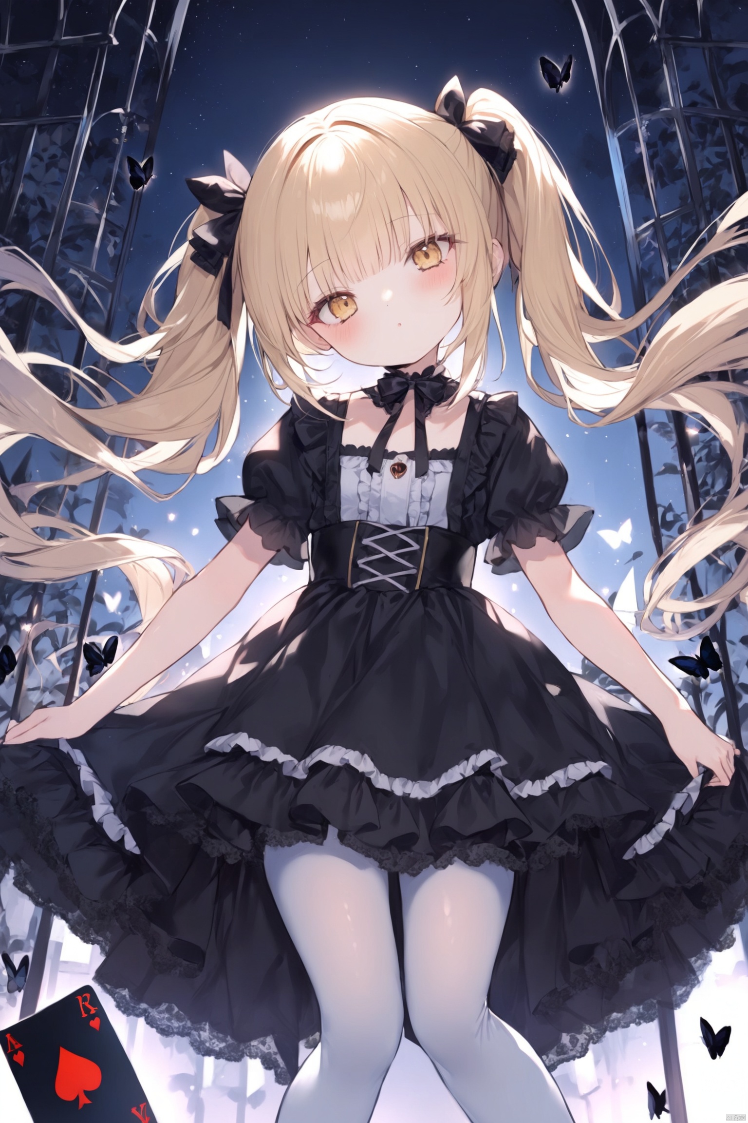 1girl, loli, long hair, dress, white pantyhose, white frilled, blonde hair, heteromonic, dynamic angle, gothic delusion, bangs between hair, night, twintails, butterfly, head tilt, night, star, cards,butterfly, masterpiece, best quality