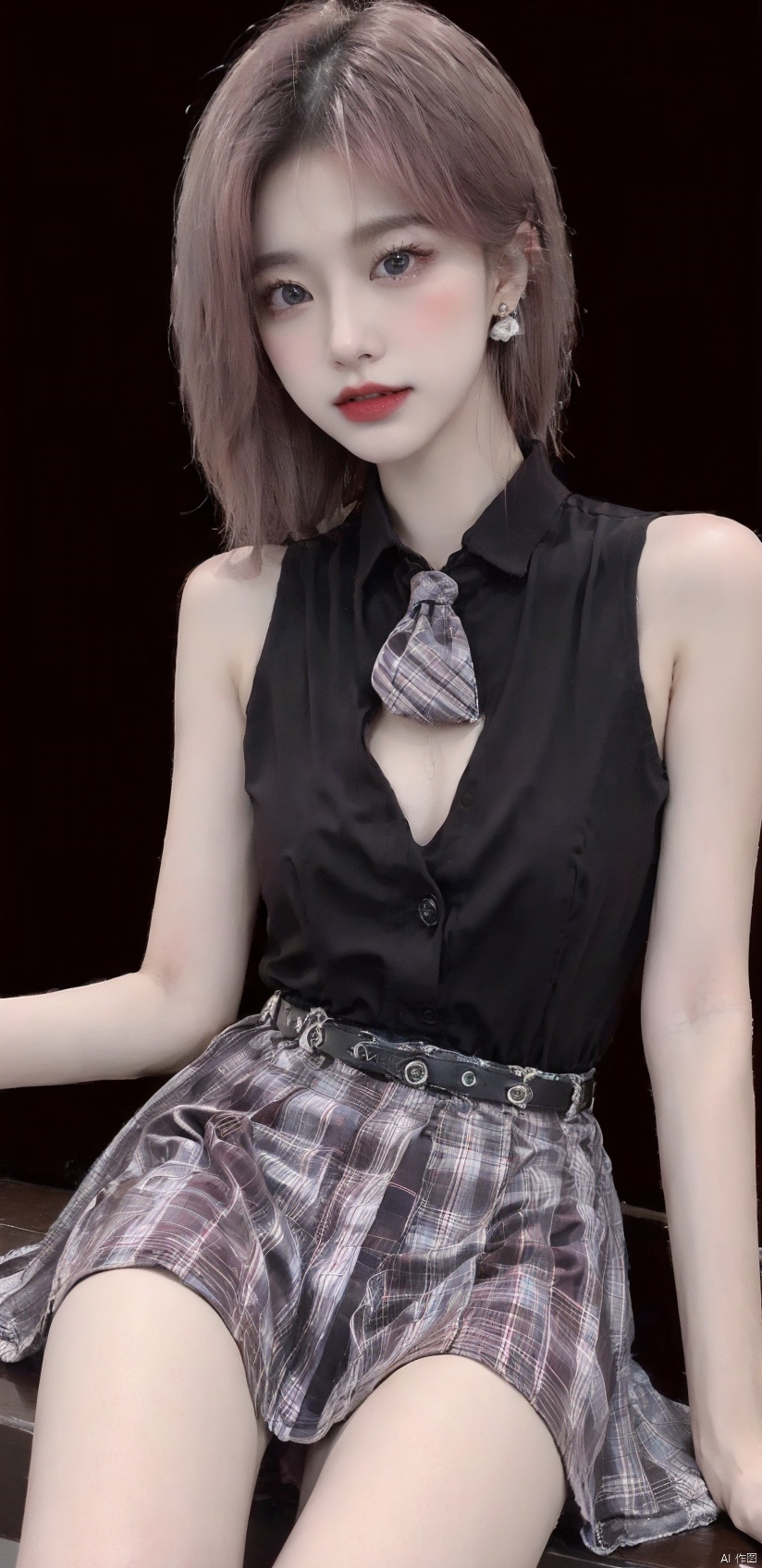  1girl, solo, long hair, breasts, looking at viewer, blue eyes, large breasts, dress, cleavage, bare shoulders, jewelry, white hair, earrings, parted lips, glasses, necklace, round eyewear, red lips,Lace underwear,Body proportionsperfect,allover,liuguang, Black 8D glossy stockings,(Pink Sling), (\meng ze\),bubble,pink hair, liuguang, blue dress , black dress, mzldress, necktie, skirt, skirt_lift