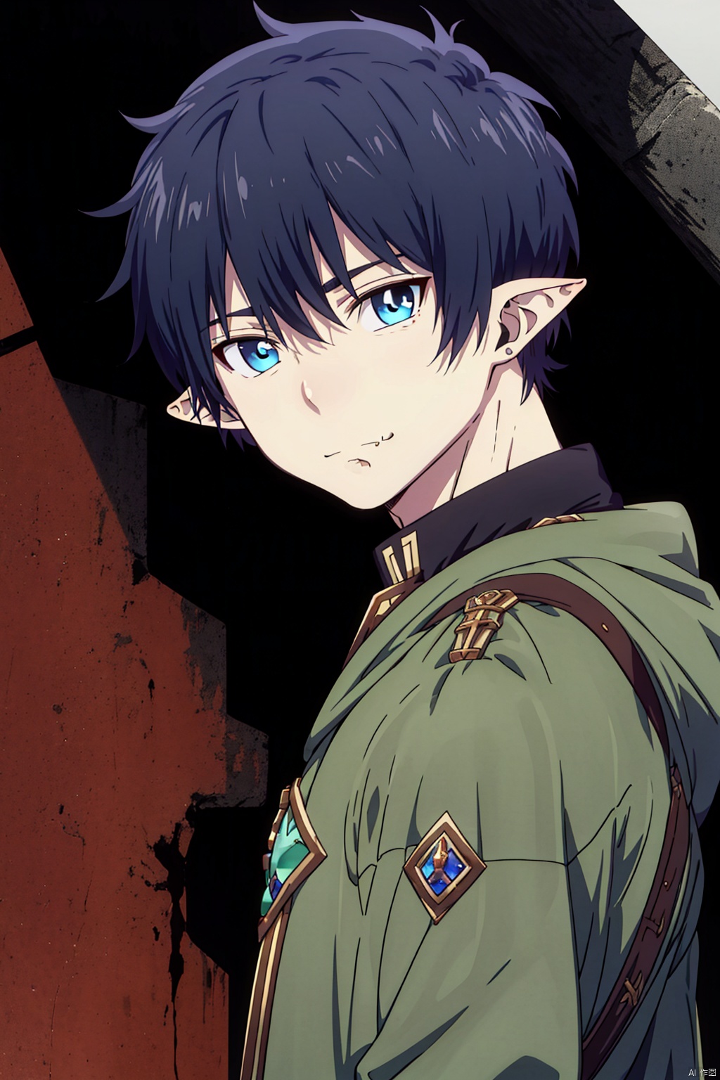  solo, looking at viewer, short hair, blve hair, 1boy, blue eyes, closed mouth,male focus, , lin,pointy ears,fang