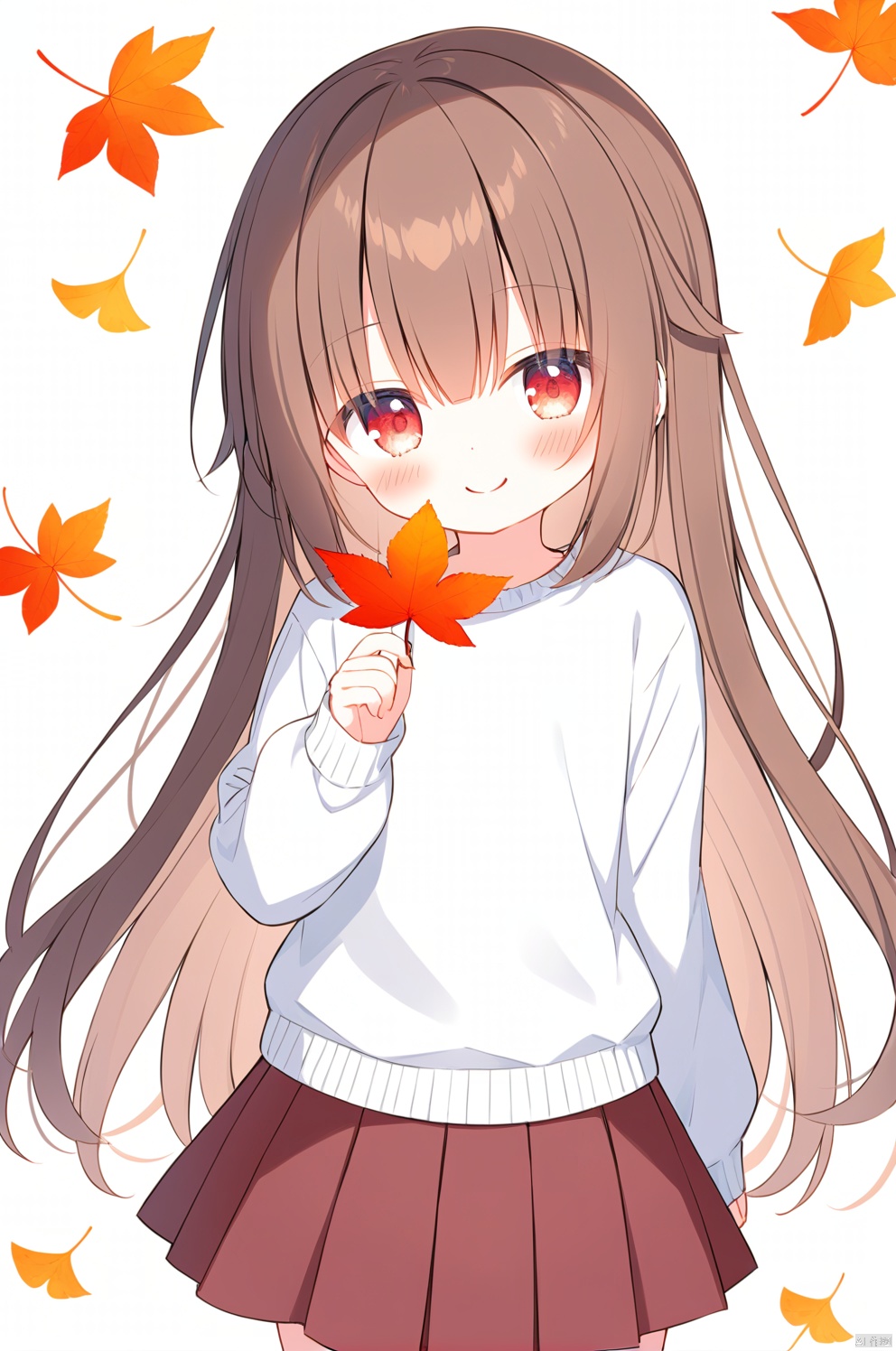  solo,long hair,red eyes,skirt,brown hair,leaf,bangs,white background,holding leaf,long sleeves,looking at viewer,holding,pleated skirt,parted lips,autumn leaves,white sweater,simple background,sweater,arm up,brown skirt,red skirt,maple leaf,very long hair,shirt,white shirt,ia-style(1girl,loli,evil smile,blush),