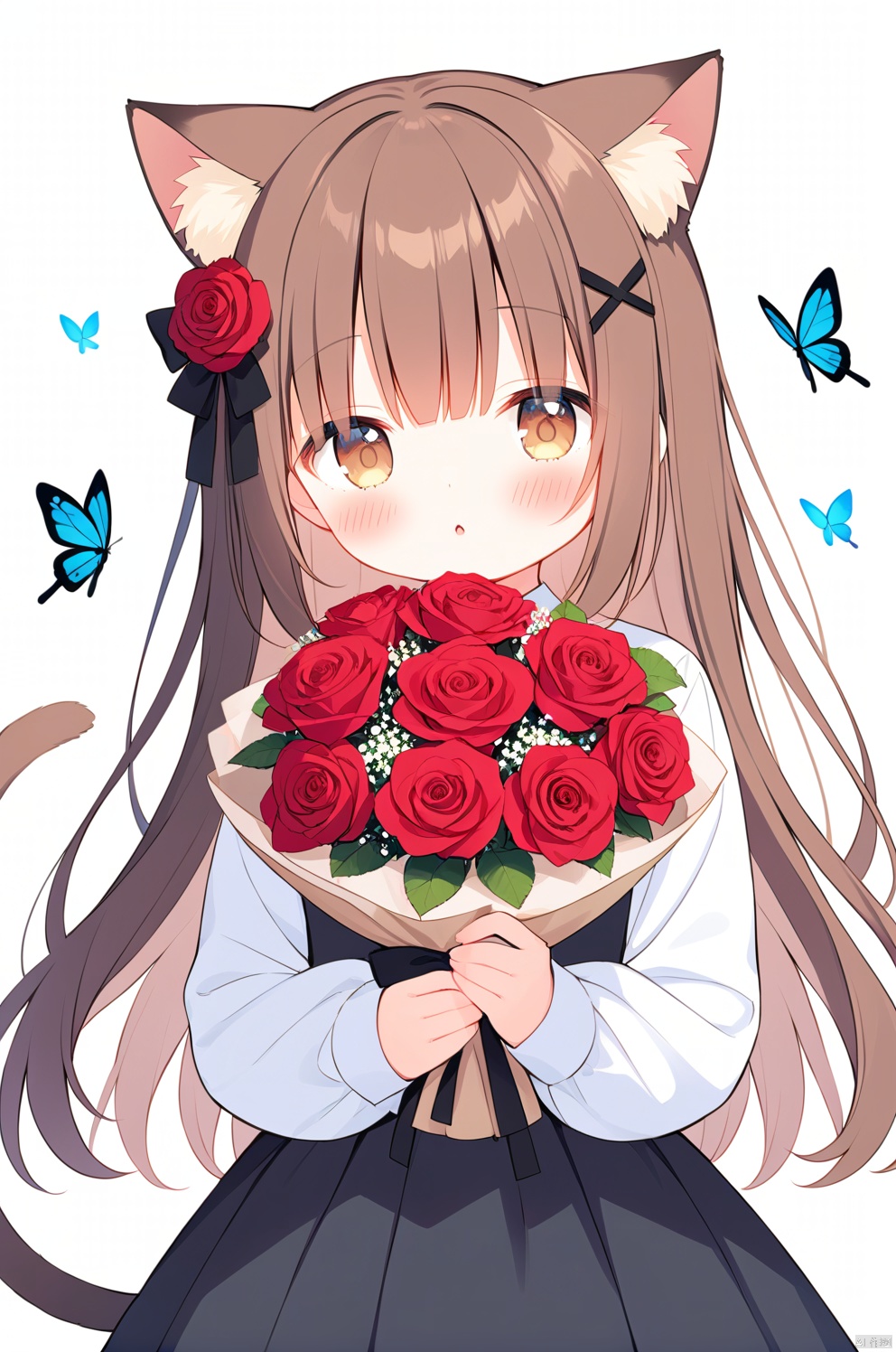 1girl,loli,solo,long hair,looking at viewer,blush,bangs,brown hair,shirt,hair ornament,long sleeves,dress,bow,ribbon,holding,animal ears,brown eyes,tail,white shirt,upper body,flower,hair bow,parted lips,cat ears,bowtie,black dress,cat tail,animal ear fluff,see-through,black bow,rose,bug,cat girl,red flower,butterfly,extra ears,red rose,bouquet,tail ornament,holding bouquet,tail ribbon,tail bow