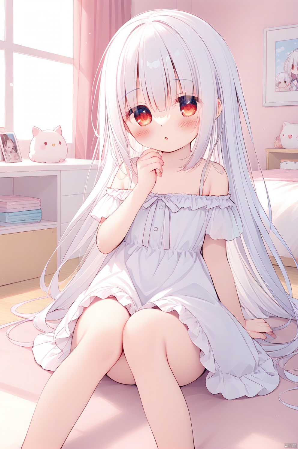 (masterpiece), (best quality),1girl,loli,student,petite,white hair,long hair,straight_hair,otaku room,white-off-shoulder_dress,red eyes,knees_together_feet_apart,