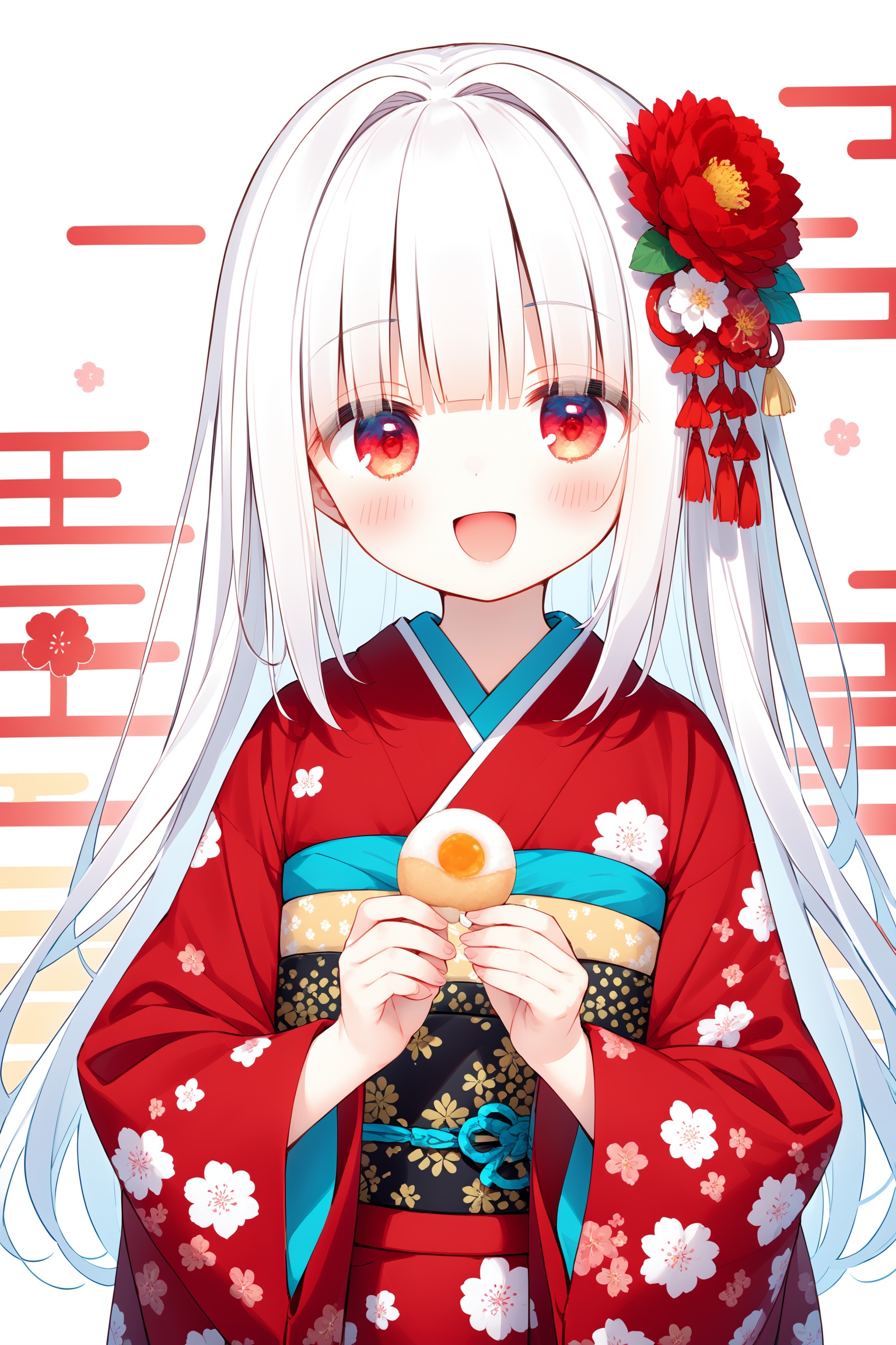 1girl,loli,solo,long hair,looking at viewer,blush,smile,open mouth,bangs,hair ornament,red eyes,long sleeves,holding,upper body,flower,white hair,:d,food,japanese clothes,hair flower,wide sleeves,blunt bangs,kimono,sash,obi,hair intakes,floral print,red flower,red kimono,print kimono,wagashi,egasumi,mochi,<lora:YoRHa 1.2-000024:0.5>,