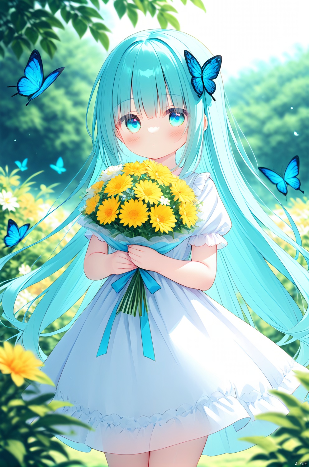 (masterpiece), (best quality),1girl,loli,loli,loli,loli,solo,long hair,looking at viewer,bangs,blue eyes,hair ornament,dress,holding,very long hair,closed mouth,standing,flower,short sleeves,outdoors,day,white dress,blurry,aqua eyes,aqua hair,depth of field,blurry background,sunlight,bug,plant,white flower,butterfly,bouquet,yellow flower,holding flower,butterfly hair ornament,holding bouquet,blue butterfly,gradient eyes,hair_flower
