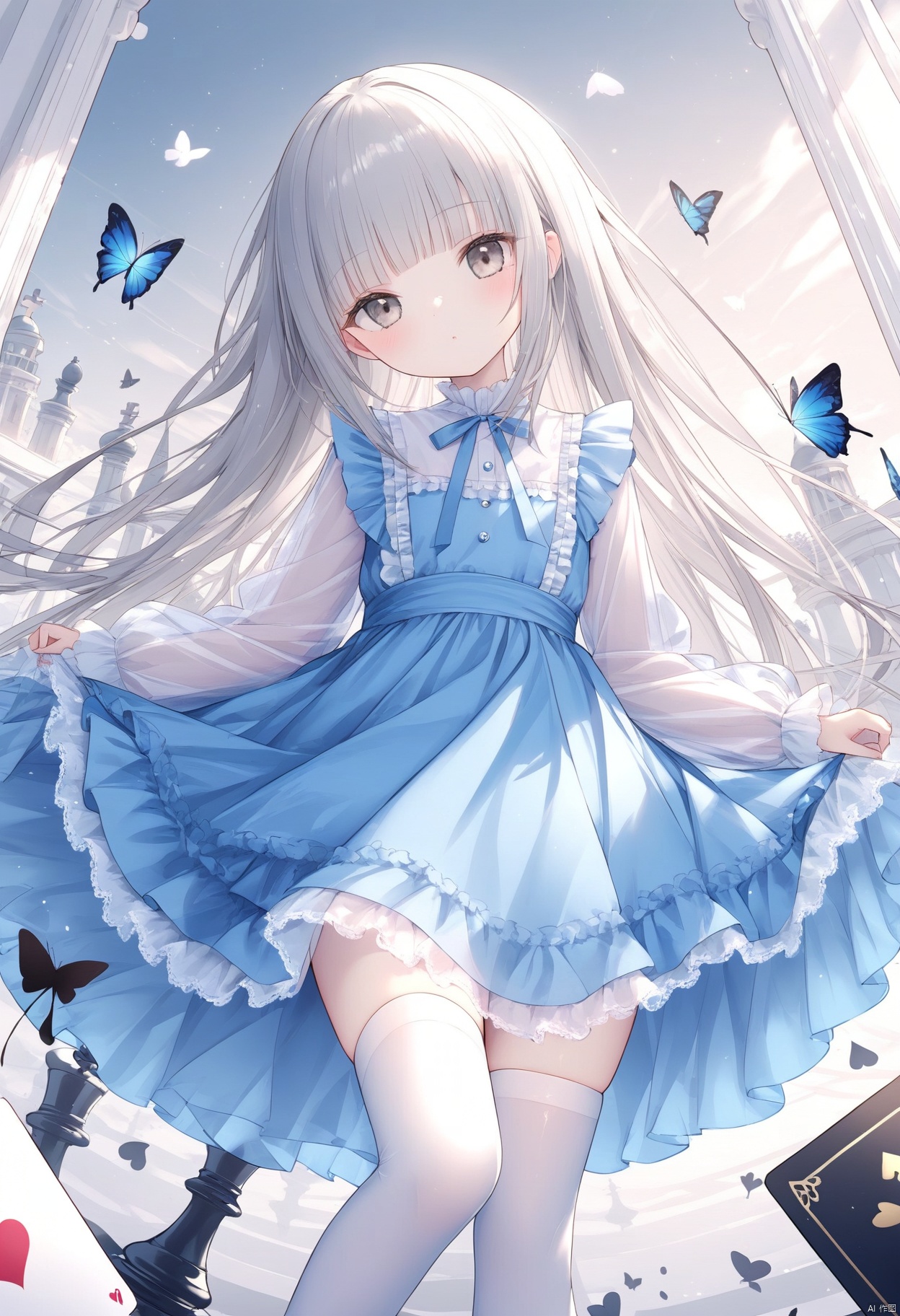  1girl, loli, long hair, dress, white thighhighs, white frilled, grey hair, heteromonic, dynamic angle, blue dress, see through,.multi layered dress, blunt_bangs, head tilt, chess, cards,butterfly, long sleeves, masterpiece, best quality