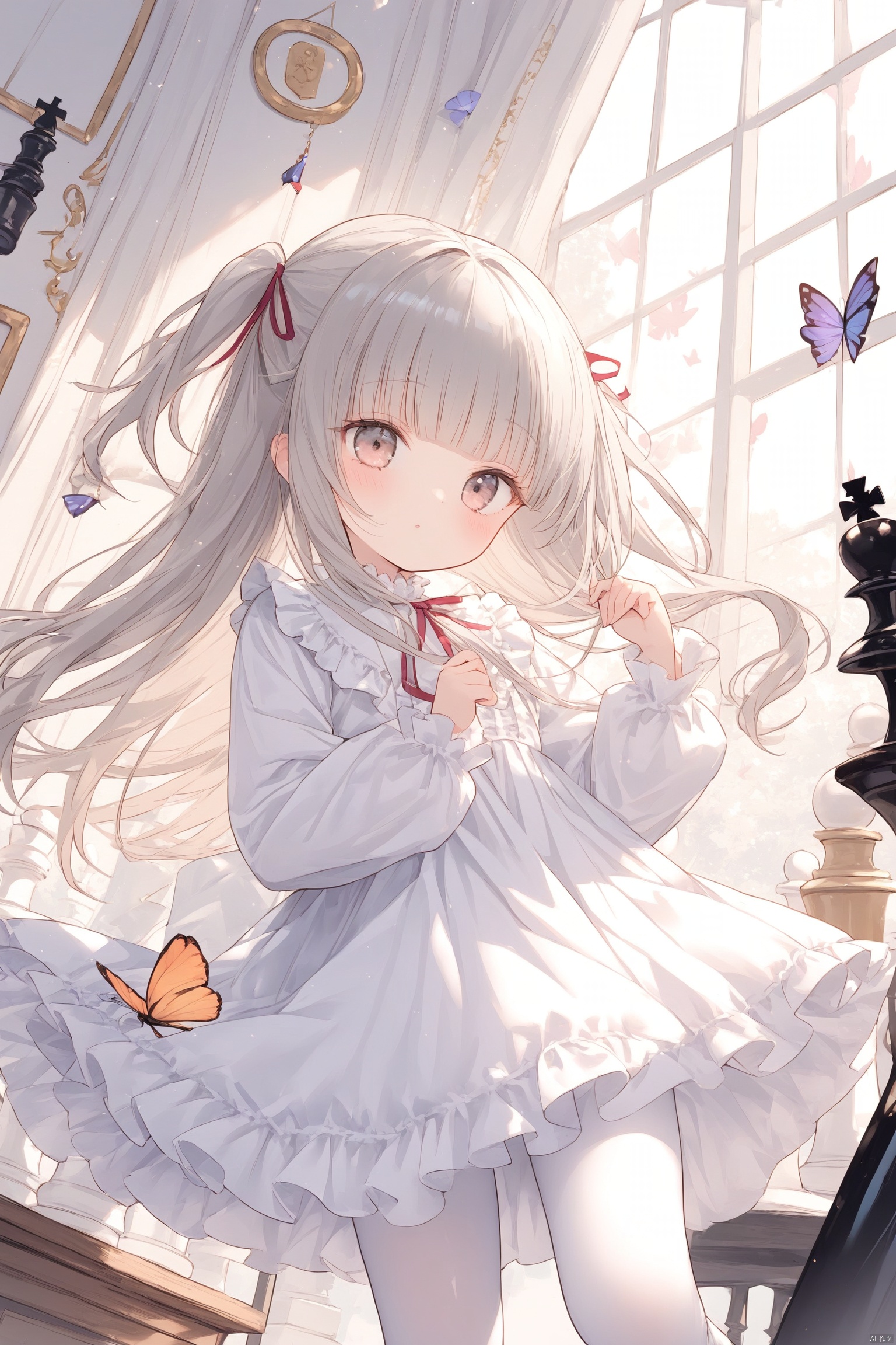  1girl, loli, long hair, dress, white pantyhose, white frilled, grey hair, heteromonic, dynamic angle, blunt_bangs, head tilt, chess, cards,butterfly, long sleeves, masterpiece, best quality