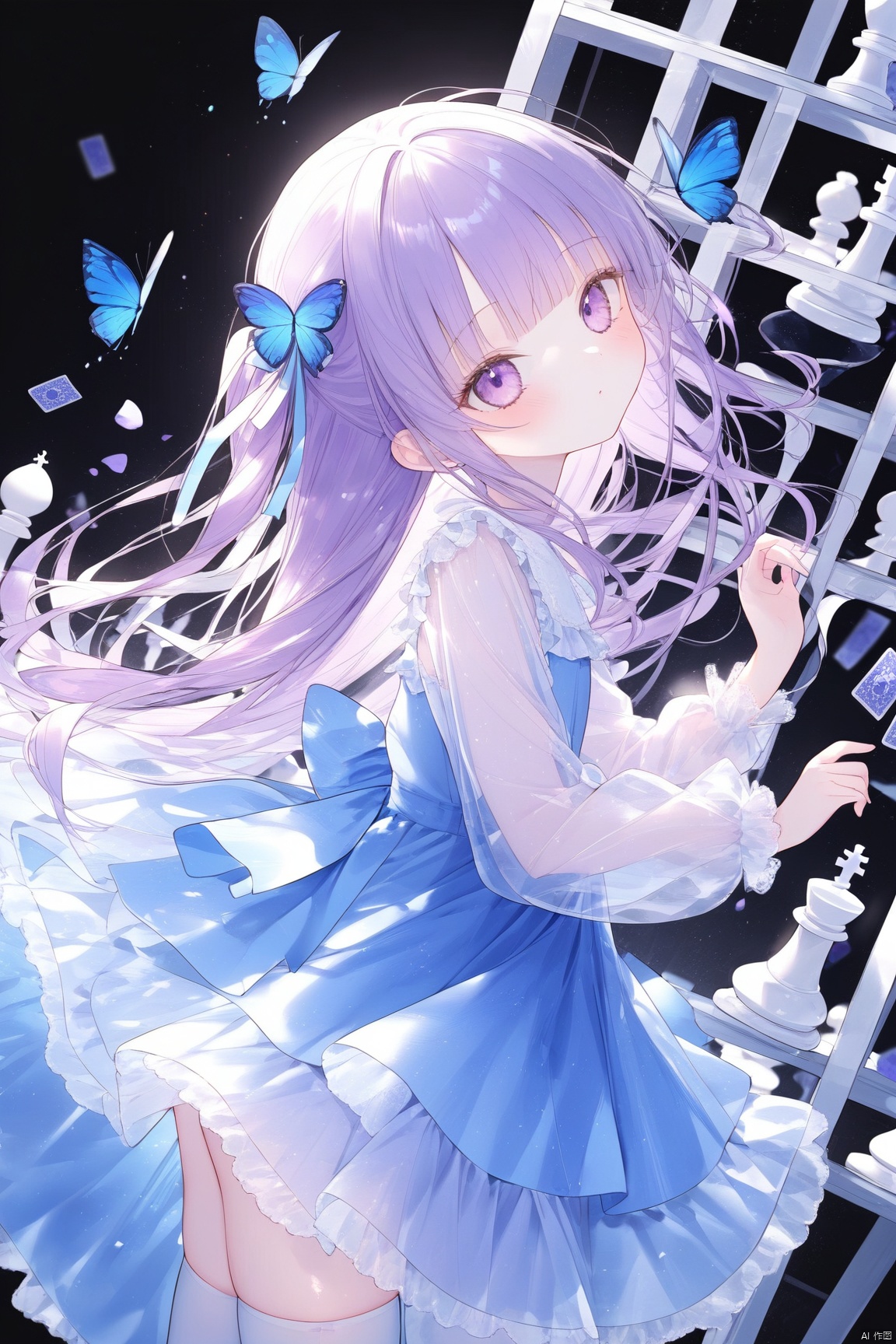  1girl, loli, long hair, dress, white thighhighs, white frilled, purple hair, heteromonic, dynamic angle, blue dress, see through,.multi layered dress, bangs between hair, head tilt, chess, cards,butterfly, long sleeves, masterpiece, best quality, from side, black background, crysral