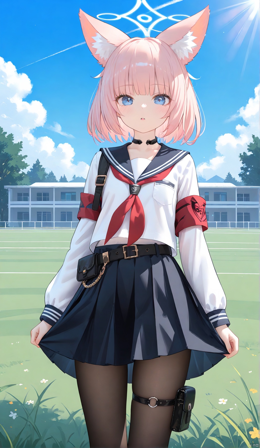  1girl,solo,(masterpiece:1.3),( beautiful:1.2),(high quality:1.2),(finely detailed:1.2),extremely detailed CG unity 8k wallpaper,best quality,a very delicate and beautiful,perfect fingers,(one cute girl at the center:1.2),
parted lips ,outdoors, blue sky,sunlight, clouds, school building,lawn, loli,
nicoBA,animal ears,armband,bangs,belt,belt buckle,black choker,black legwear,black skirt,blue eyes,buckle,choker,collarbone,fox ears,leg belt,long sleeves,pantyhose,pink hair,pleated skirt,sailor collar,school uniform,serafuku,shirt,short hair,skirt,thigh strap, nicoBA