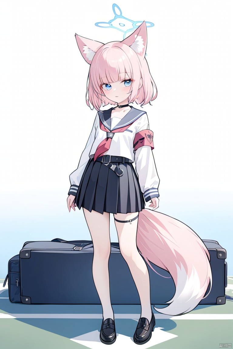  1girl,(masterpiece:1.3),( beautiful:1.2),(high quality:1.2),(finely detailed:1.2),extremely detailed CG unity 8k wallpaper,best quality,animal ears,armband,bangs,belt,belt buckle,black choker,black skirt,blue eyes,buckle,choker,collarbone,fox ears,long sleeves,pink hair,pleated skirt,sailor collar,school uniform,serafuku,shirt,short hair,
(halo),full body,nicoBA,BASD,(chibi),cute