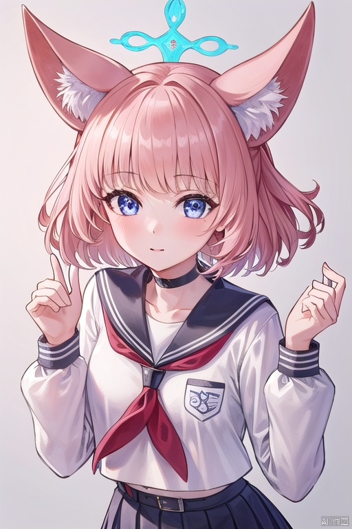 1girl,(masterpiece:1.3),( beautiful:1.2),(high quality:1.2),(finely detailed:1.2),extremely detailed CG unity 8k wallpaper,best quality,a very delicate and beautiful,perfect fingers,(one cute girl at the center:1.2),nicoBA,animal ears,armband,bangs,belt,belt buckle,black choker,black skirt,blue eyes,buckle,choker,collarbone,fox ears,long sleeves,pink hair,pleated skirt,sailor collar,school uniform,serafuku,shirt,short hair,
(halo),upper body,head focus,leaning_forward, nicoBA