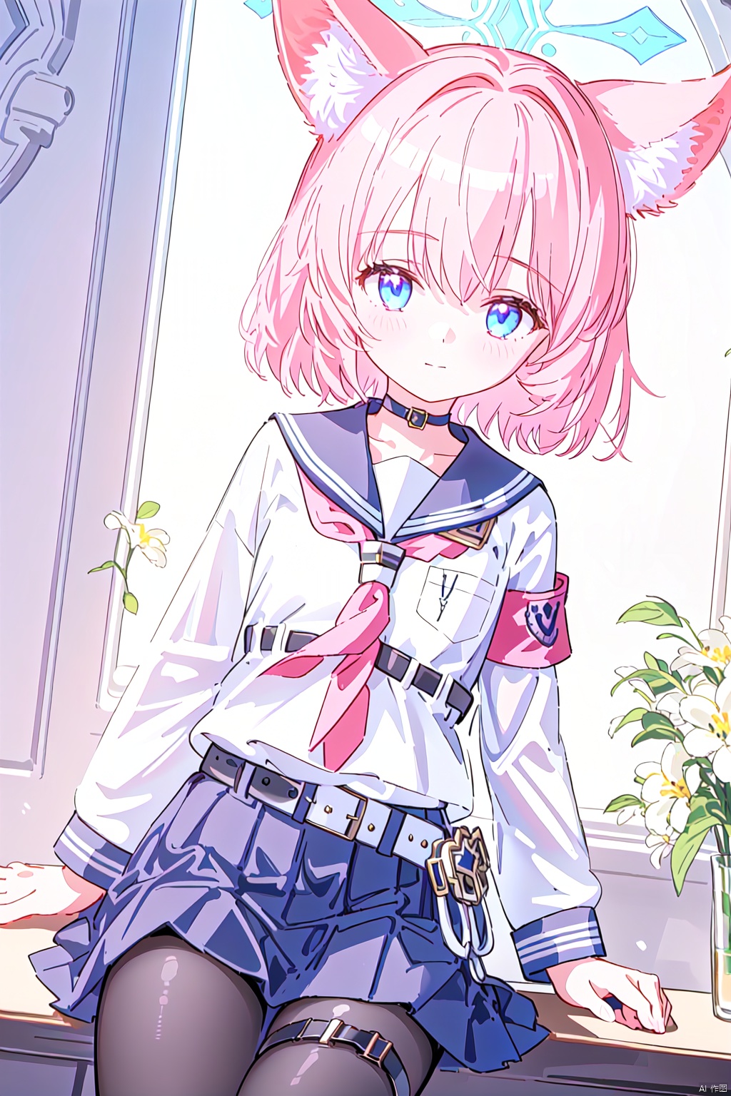  1girl,(masterpiece:1.3),( beautiful:1.2),(high quality:1.2),(finely detailed:1.2),extremely detailed CG unity 8k wallpaper,best quality,a very delicate and beautiful,perfect fingers,(one cute girl at the center:1.2),
 nicoBA,animal ears,armband,bangs,belt,belt buckle,black choker,black legwear,black skirt,blue eyes,buckle,choker,collarbone,fox ears,leg belt,long sleeves,pantyhose,pink hair,pleated skirt,sailor collar,school uniform,serafuku,shirt,short hair,skirt,thigh strap