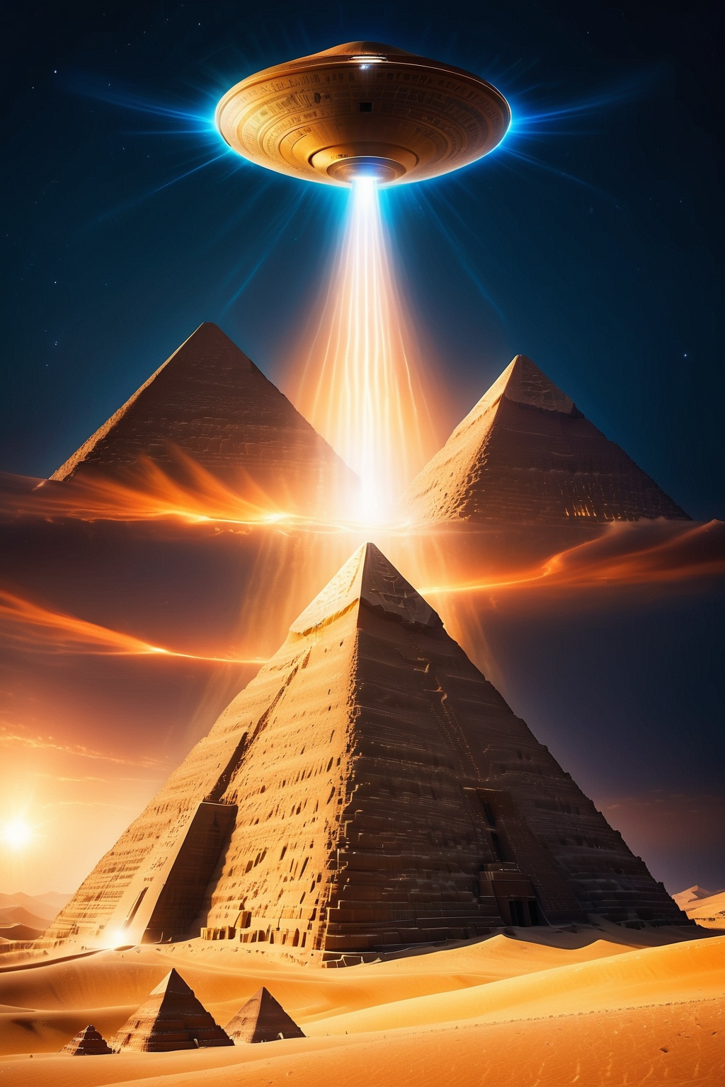 Experience the wonder of ancient Egypt with a modern twist - imagine UFOs soaring above the majestic pyramids,  their othe...