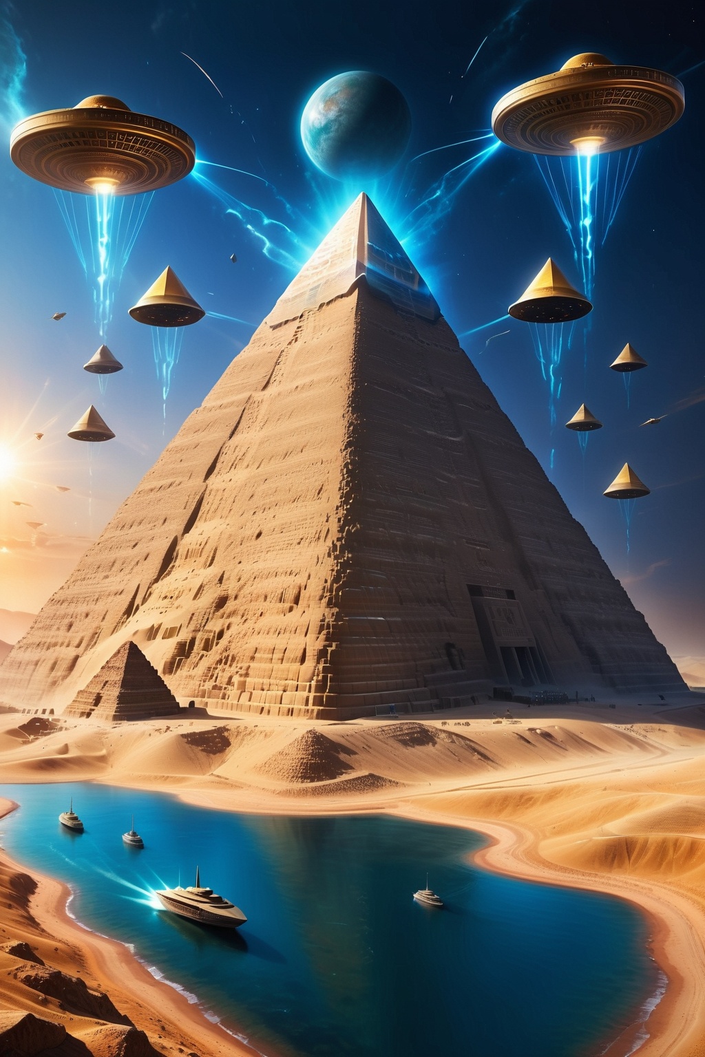 Step into a world where the past and the future collide - witness the enigmatic Egyptian pyramids surrounded by a fleet of...