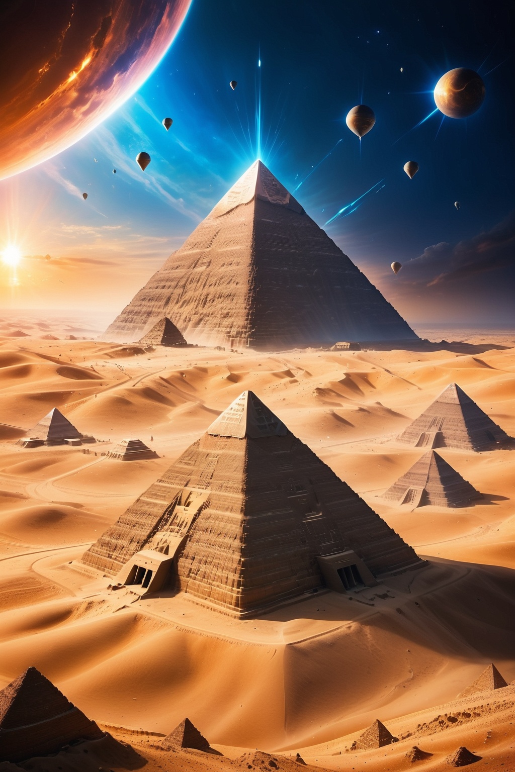 Step into a world where the past and the future collide - witness the enigmatic Egyptian pyramids surrounded by a fleet of...
