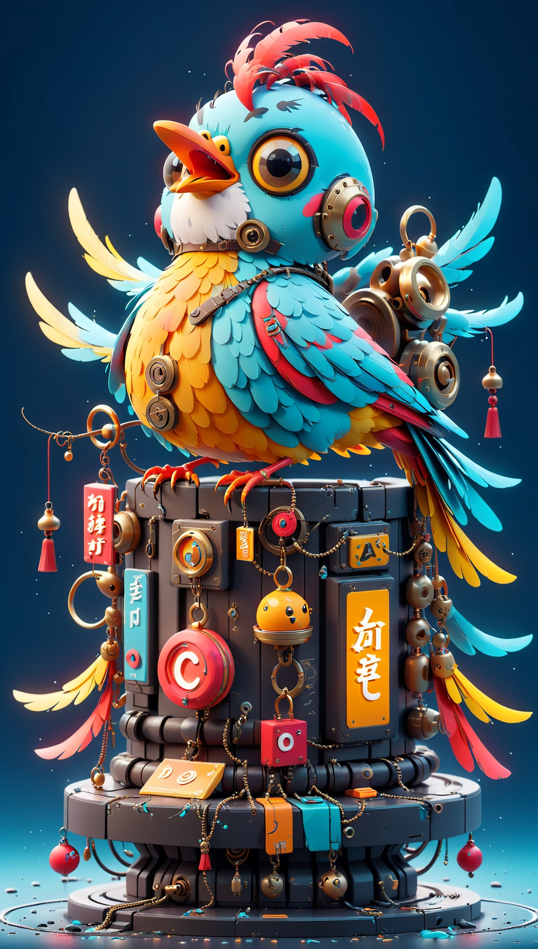 Peki,3D scene,3D,C4D,8k,(masterpiece, top quality, best quality, official art,((no text:1.5)),ArtComposition,cyberpunk,absurdly,long hai,ring bell,bird,Surreal,creative picture,design,details,Poster,official art,