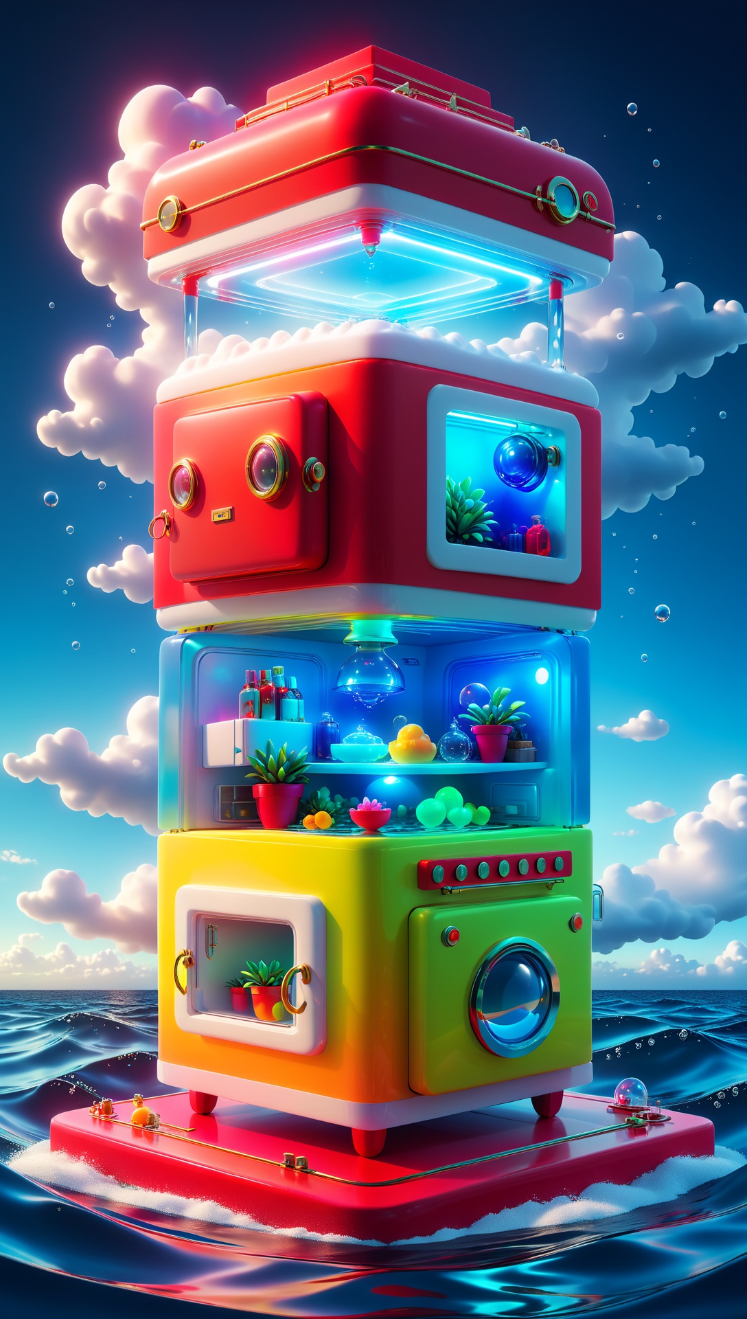 Peki,3D scene,3D,C4D,8k,(masterpiece, top quality, best quality, official art,((no text:1.5)),ArtComposition,Surrealism Dream Style,glowing neon color,<lora:Add Details XL:1>,<lora:Love XL:0.8>,best quality,masterpiece,highly detailed,ultra-high resolutions,by Jerry Uelsmann, An old-fashioned refrigerator floats on the sea,creating a peaceful and eerie atmosphere that is unbelievable,clouds,smoking,wind,fantasy,psychedelic colors,Flowing light,dazzling light,creative picture,design,details,Poster,official art,