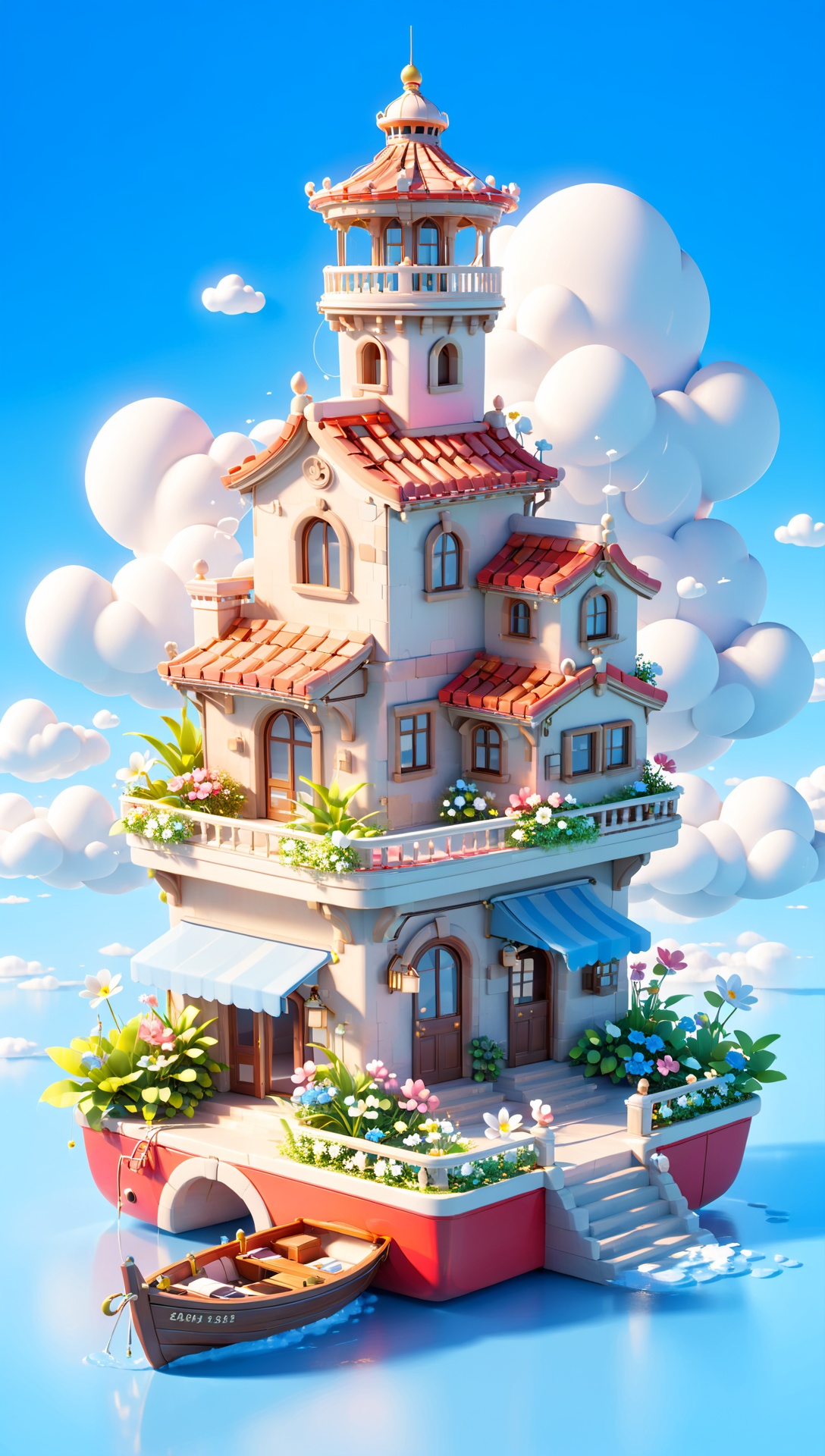 Peki,3D scene,3D,C4D,8k,(masterpiece, top quality, best quality, official art,((no text:1.5)),no humans, sky, cloud, water, day, building, scenery, flower, outdoors, blue sky, reflection, boat, watercraft, tower, bridge, architecture