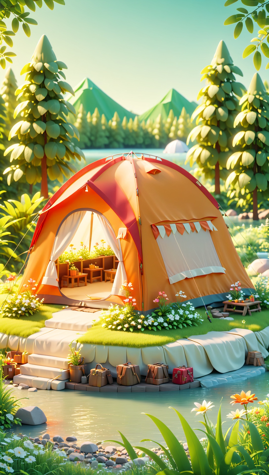 Peki,3D scene,3D,C4D,8k,(masterpiece, top quality, best quality, official art,((no text:1.5)),natural, unmanned, outdoor, forest, camping, scenery, flowers, tent, sky, grass, water, plants, leaves, trees, green theme, sunshine, camping tent, warm color sunshine