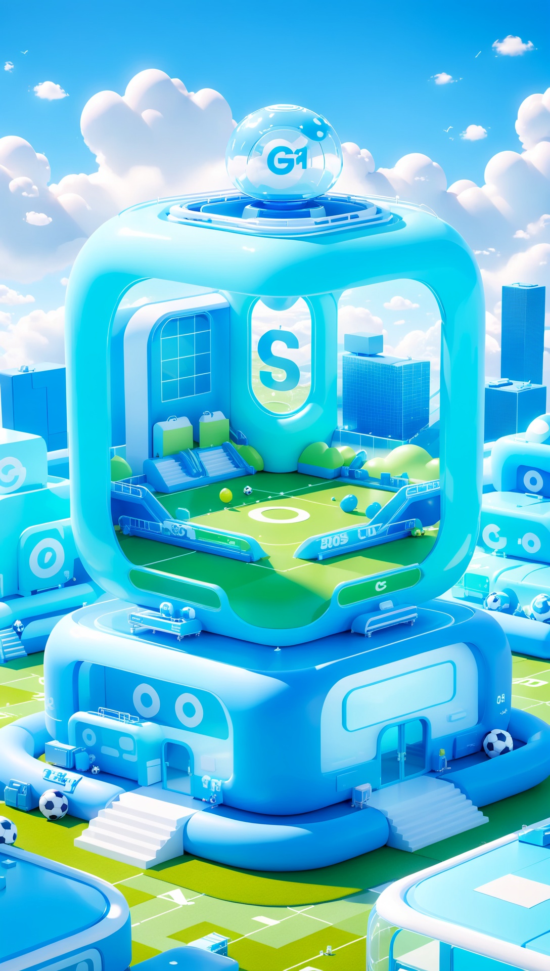 Peki,3D scene,3D,C4D,8k,(masterpiece, top quality, best quality, official art,((no text:1.5)),Green and blue scenes, transparent glass,football field, inflatable mats, transparent materials, and a lively atmosphere,creative spaces, clouds, blue sky, sunshine, panoramic views, futurism, minimalism, fashion, fantasy,(masterpiece:1.2), best quality, masterpiece, highres, original, extremely detailed wallpaper, perfect lighting,(extremely detailed CG:1.2)