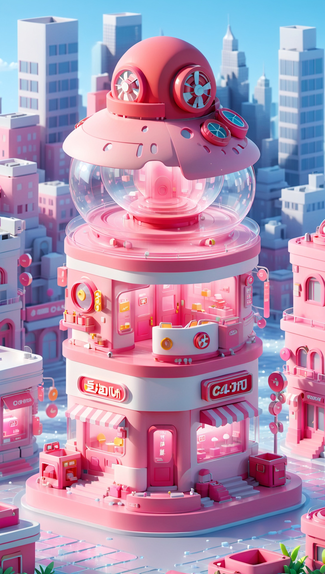 Peki,3D scene,3D,C4D,8k,(masterpiece, top quality, best quality, official art,((no text:1.5)),building,circular,powder,city background,pink,cartoon, transparent glass texture,frosted glass, transparent technology sense,