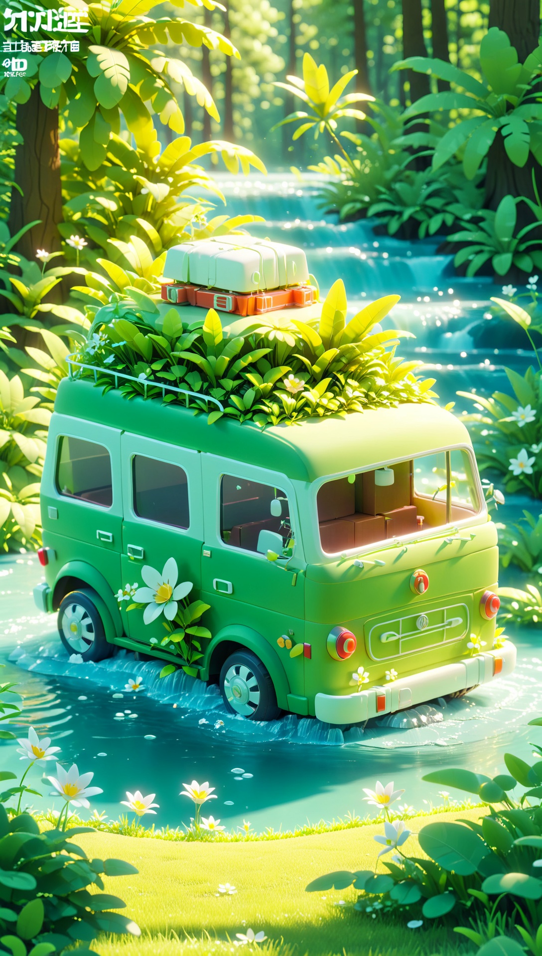 Peki,3D scene,3D,C4D,8k,(masterpiece, top quality, best quality, official art,((no text:1.5)),nature, no humans, outdoors, forest, ground vehicle, scenery, flower, motor vehicle, day, grass, water, plant, leaf, tree, green theme, sunlight, car