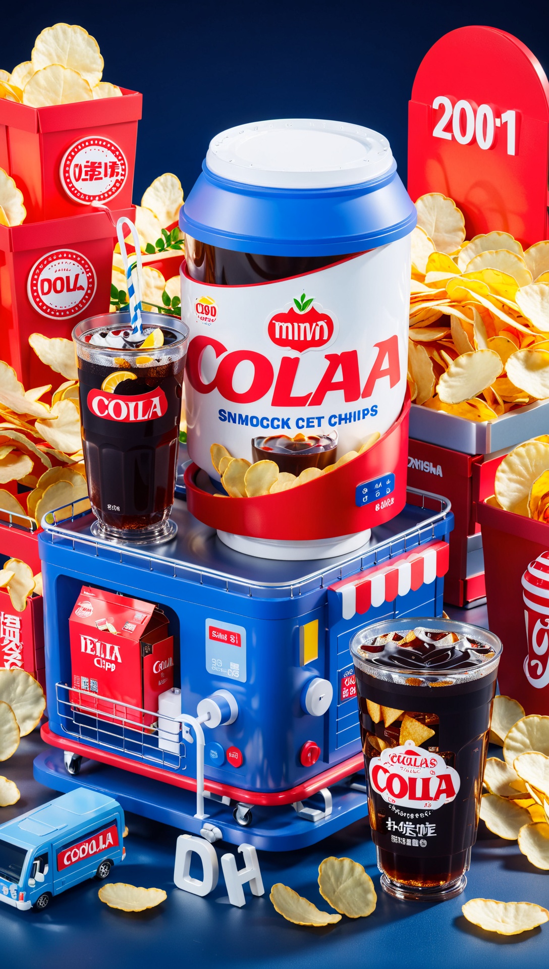 Peki,3D scene,(Wide-angle lens),(masterpiece, top quality, best quality, official art, shopping cart, milk powder, snacks, cola, potato chips. happy, big scene, high quality, jeans lens 