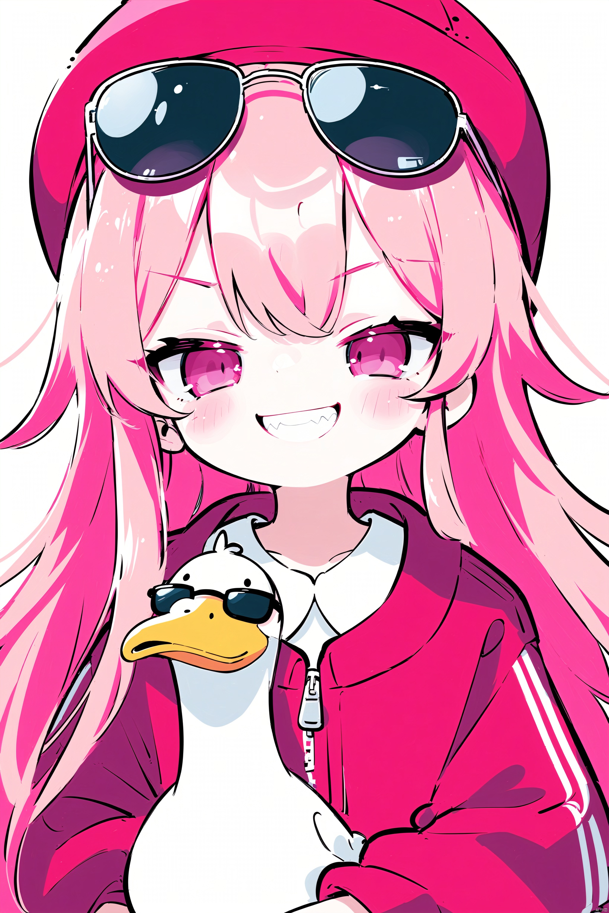 A little pink-haired girl with sunglasses,  a smug,  toothy grin on Tensor.Art