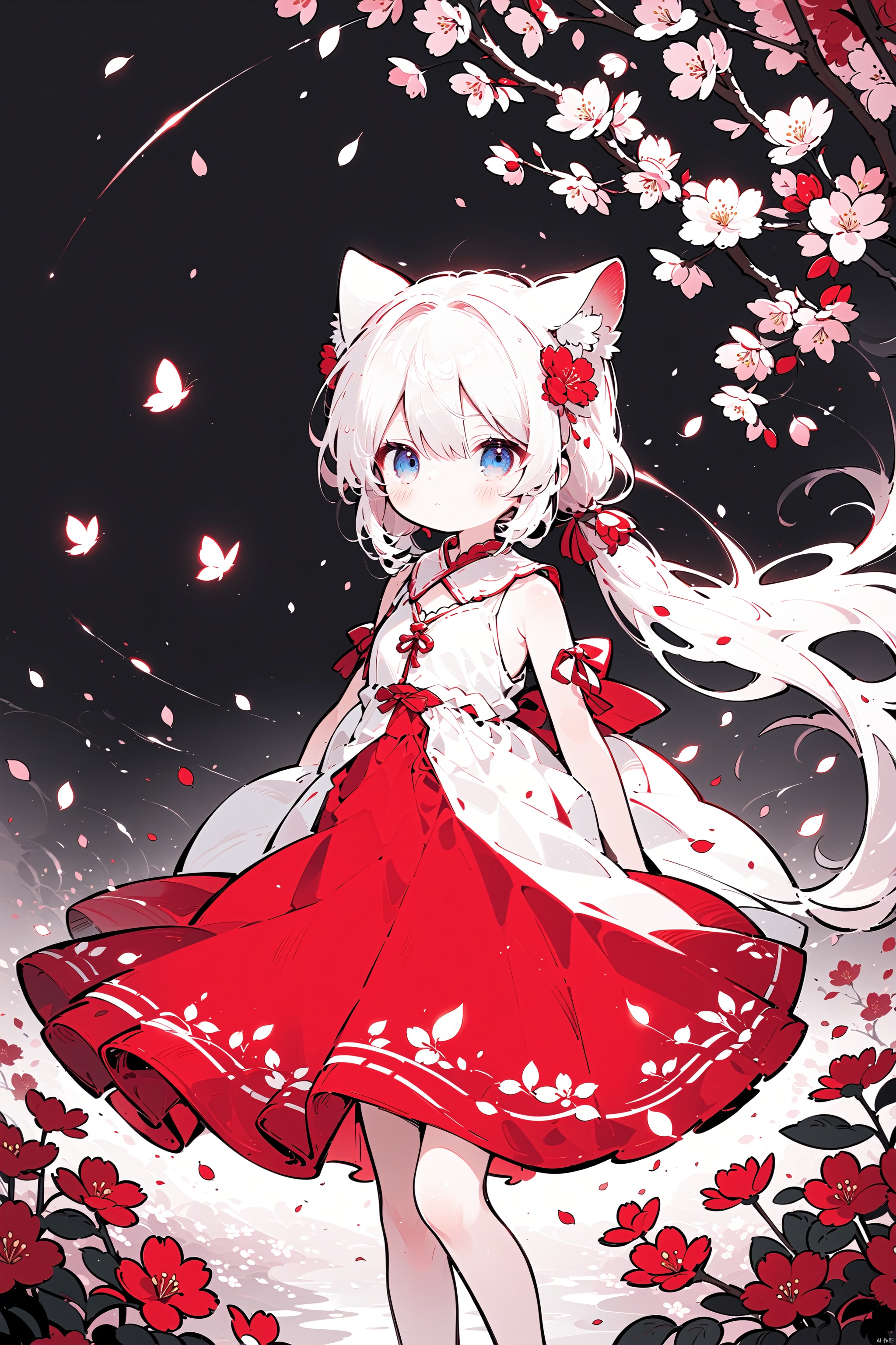 The image features a beautiful anime girl dressed in a flowing white and red dress,  standing amidst a flurry of red cherr...