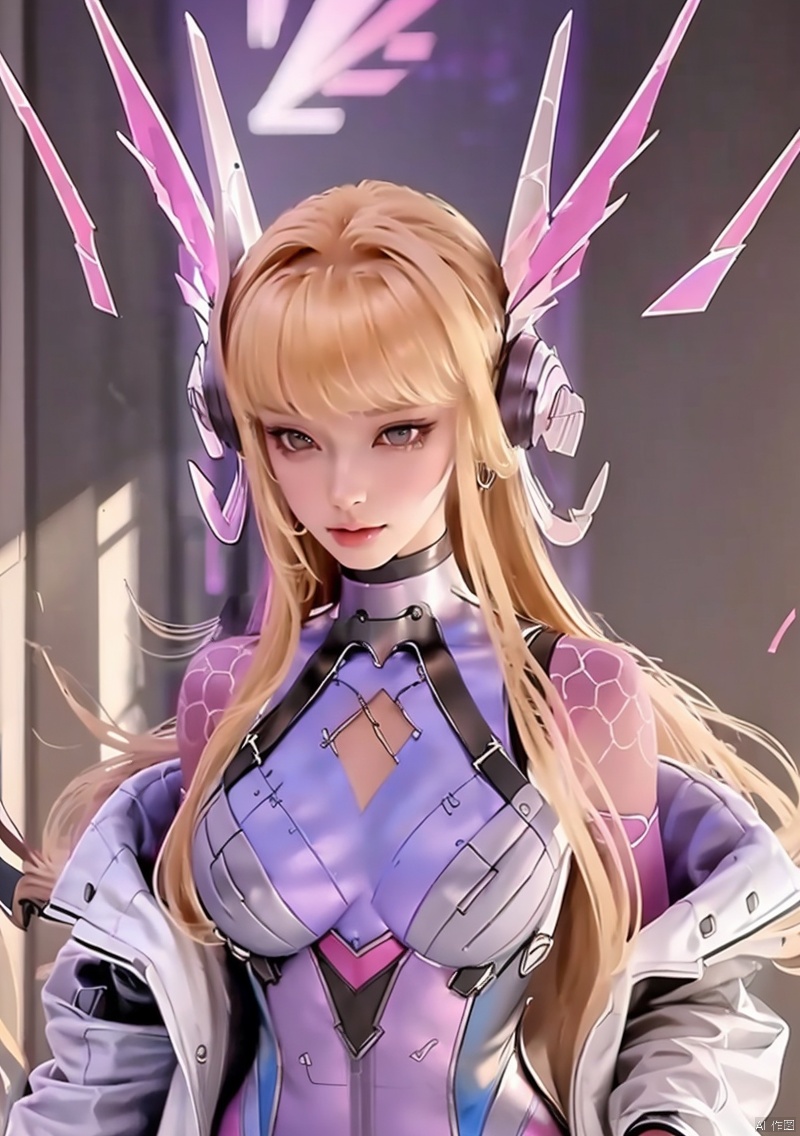 1girl, solo, long hair, breasts, bangs, blonde hair, hair ornament, brown eyes, upper body, sidelocks, bodysuit, hair rings