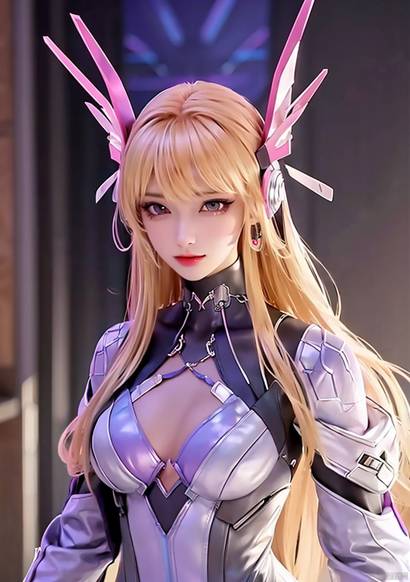 1girl, solo, long hair, breasts, bangs, blonde hair, hair ornament, brown eyes, upper body, sidelocks, bodysuit, hair rings