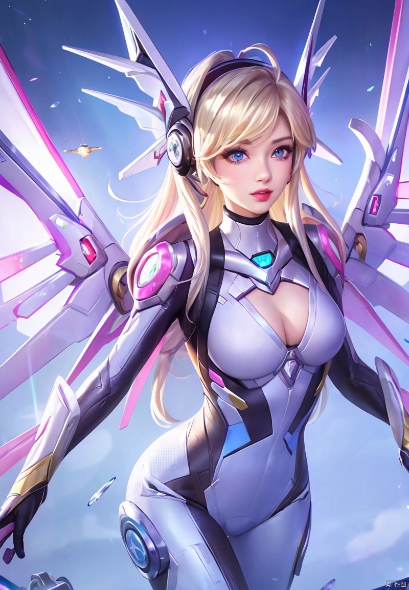 1girl, solo, long hair, breasts, looking at viewer, bangs, blue eyes, blonde hair, medium breasts, cowboy shot, parted lips, wings, official alternate costume, lips, bodysuit, headgear, cleavage cutout, pink lips, nose, mechanical halo, mechanical wings, mercy \(overwatch\)