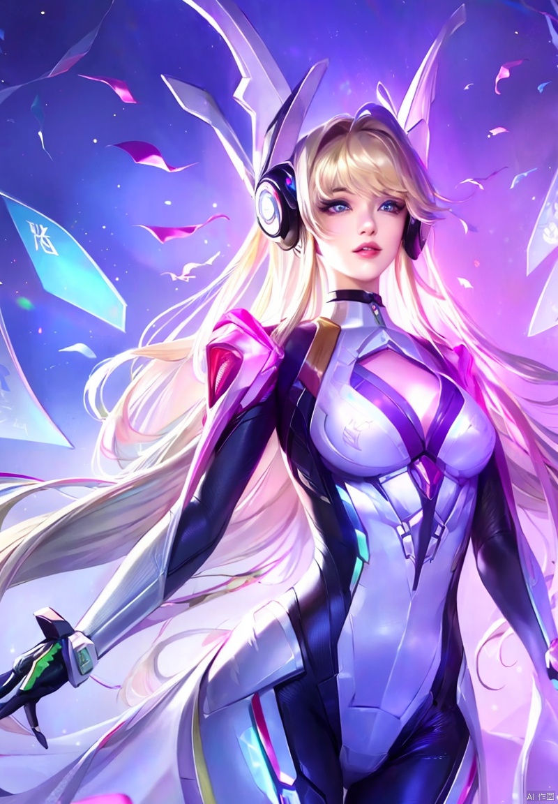 1girl, solo, long hair, breasts, looking at viewer, bangs, blue eyes, blonde hair, medium breasts, cowboy shot, parted lips, wings, official alternate costume, lips, bodysuit, headgear, cleavage cutout, pink lips, nose, mechanical halo, mechanical wings, mercy \(overwatch\)