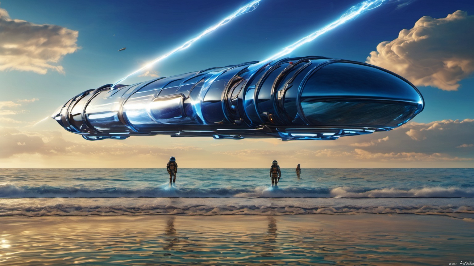  (cylindrical spacecraft 1.0),
(Jet hole blue flame and lightning 1.0),
(Spacecraft in the shape of flying water droplets 1.9),
(Adequate sunlight 1.5),
(Lightning materials 1.0),
(Optical materials 1.0),
(Alien spacecraft 1.0),
(Glass material 1.0),
(Water material 1.5),
Overlooking,,sea,Representative,boutique, Ultra HD, 
, reflection, masterpiece, true light and shadow, wide Angle, outdoors, sky, day, cloud, 
, blue sky, no humans, nature, scenery, Water, beach, ufo,, Space, Animals