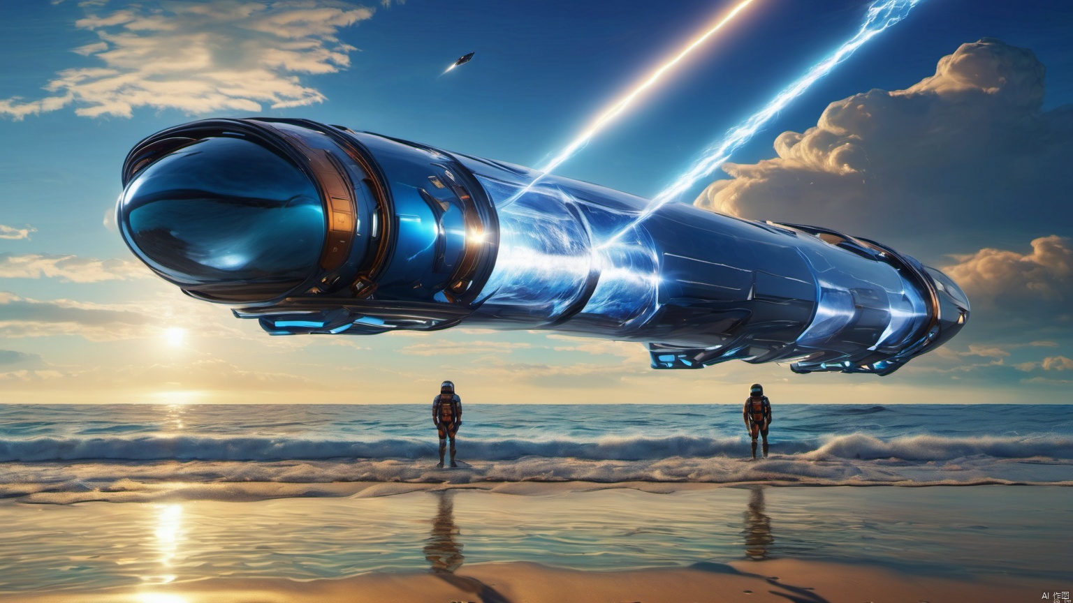  (cylindrical spacecraft 1.0),
(Jet hole blue flame and lightning 1.0),
(Spacecraft in the shape of flying water droplets 1.9),
(Adequate sunlight 1.5),
(Lightning materials 1.0),
(Optical materials 1.0),
(Alien spacecraft 1.0),
(Glass material 1.0),
(Water material 1.5),
Overlooking,,sea,Representative,boutique, Ultra HD, 
, reflection, masterpiece, true light and shadow, wide Angle, outdoors, sky, day, cloud, 
, blue sky, no humans, nature, scenery, Water, beach, ufo,, Space, Animals