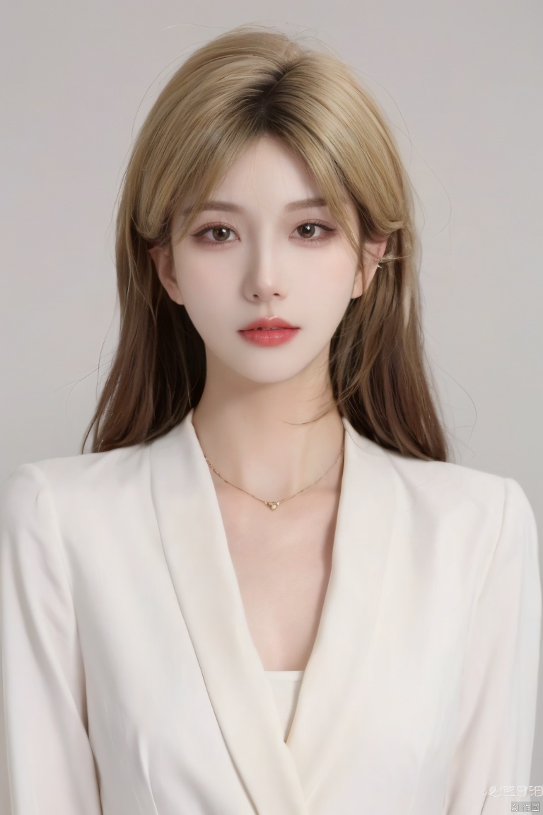  1girl,solo,long hair,necklace,white hair,hairband,looking at viewer,jewelry,realistic,upper body,lips,grey background,bangs,simple background,blonde hair,brown eyes,(closed mouth:1.1),red lips,
