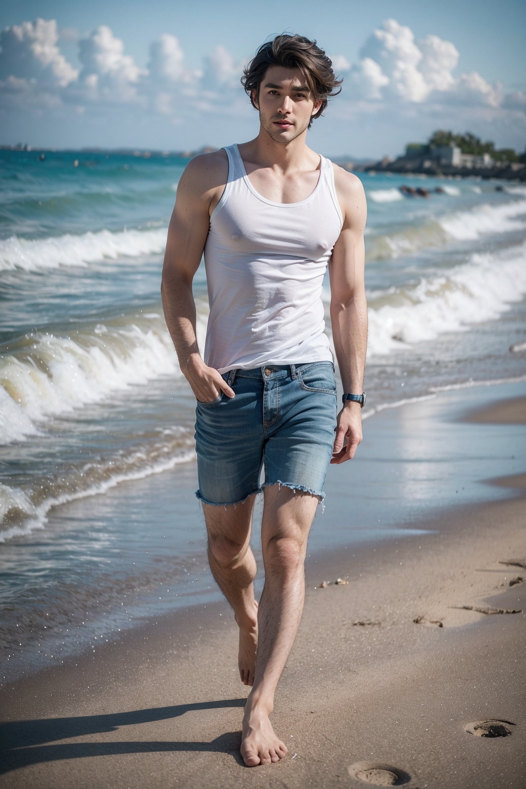 ((realistic)) Fullbody Handsome Belgian man,  mediums hairstyle ,  beach on Tensor.Art