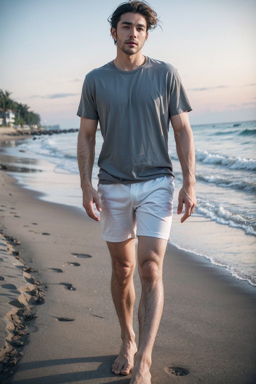 ((realistic)) Fullbody Handsome Belgian man,  mediums hairstyle ,  beach on Tensor.Art